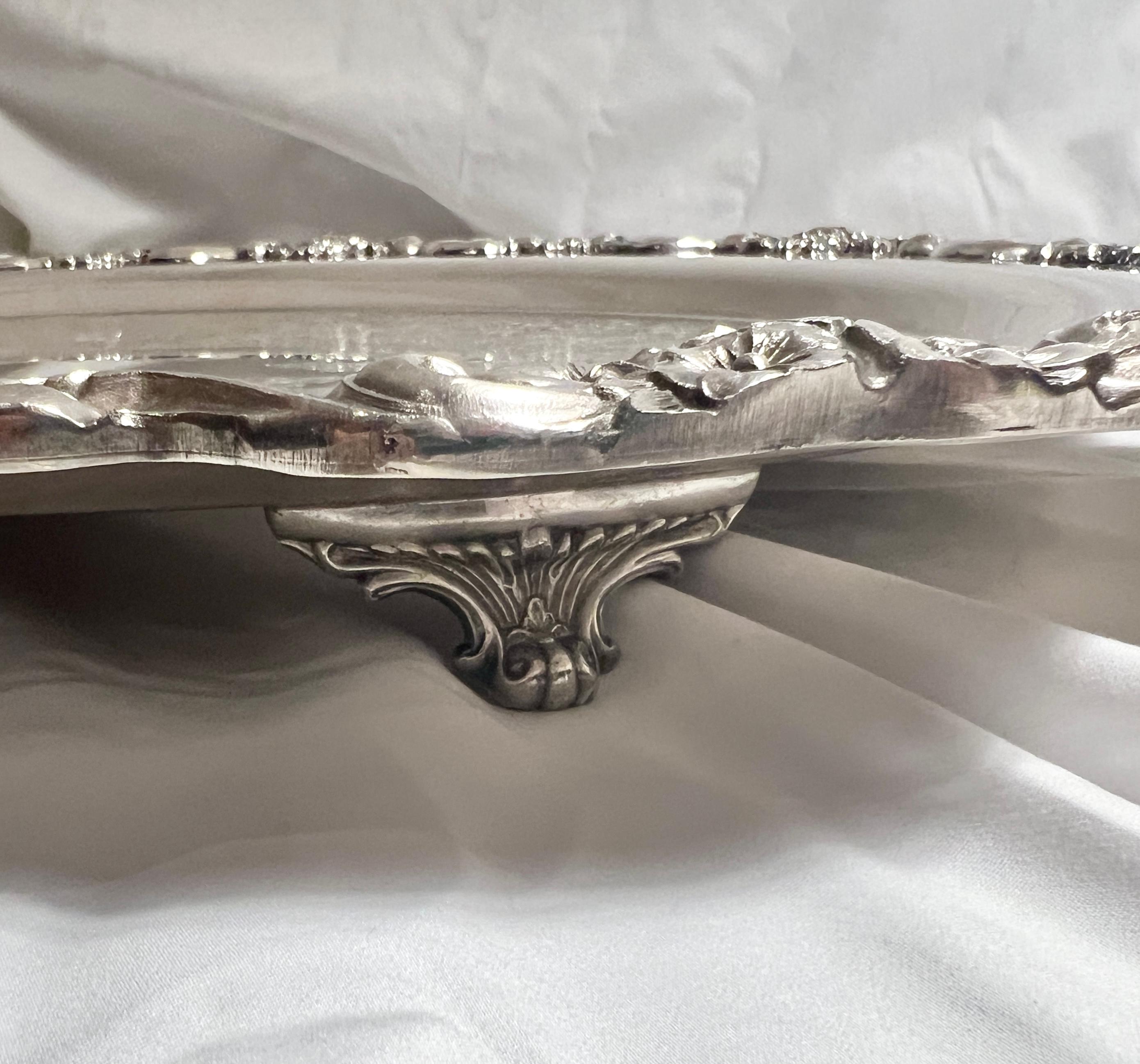 Antique English Sheffield Silver Footed Tray with Rose Border, Circa 1890. In Good Condition For Sale In New Orleans, LA