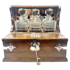 Antique English Sheffield Silver Mounted Golden Oak & Crystal Games Box Tantalus