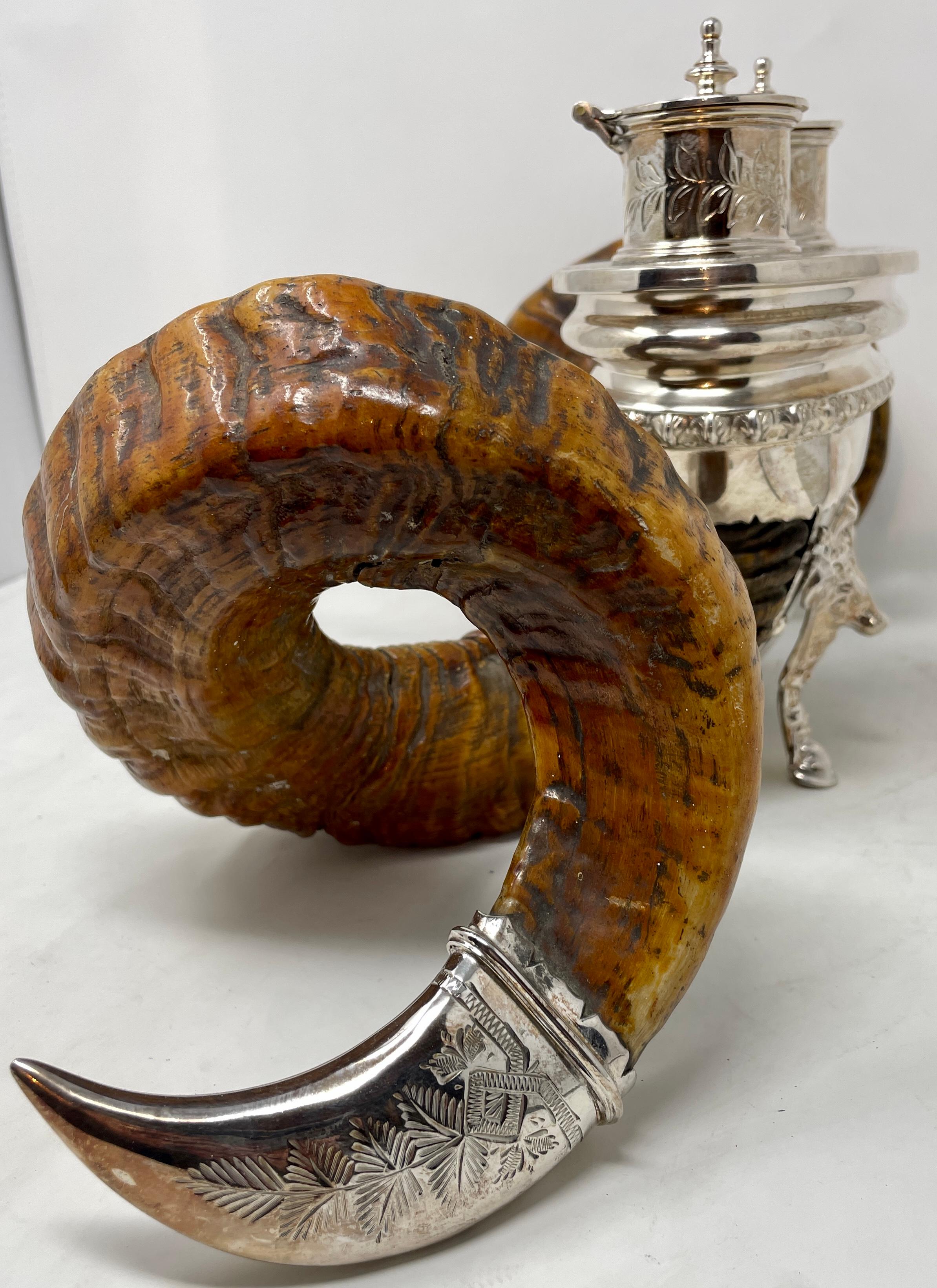 Antique English Sheffield Silver Mounted Ram's Horn Snuff Mull, Circa 1880 In Good Condition In New Orleans, LA