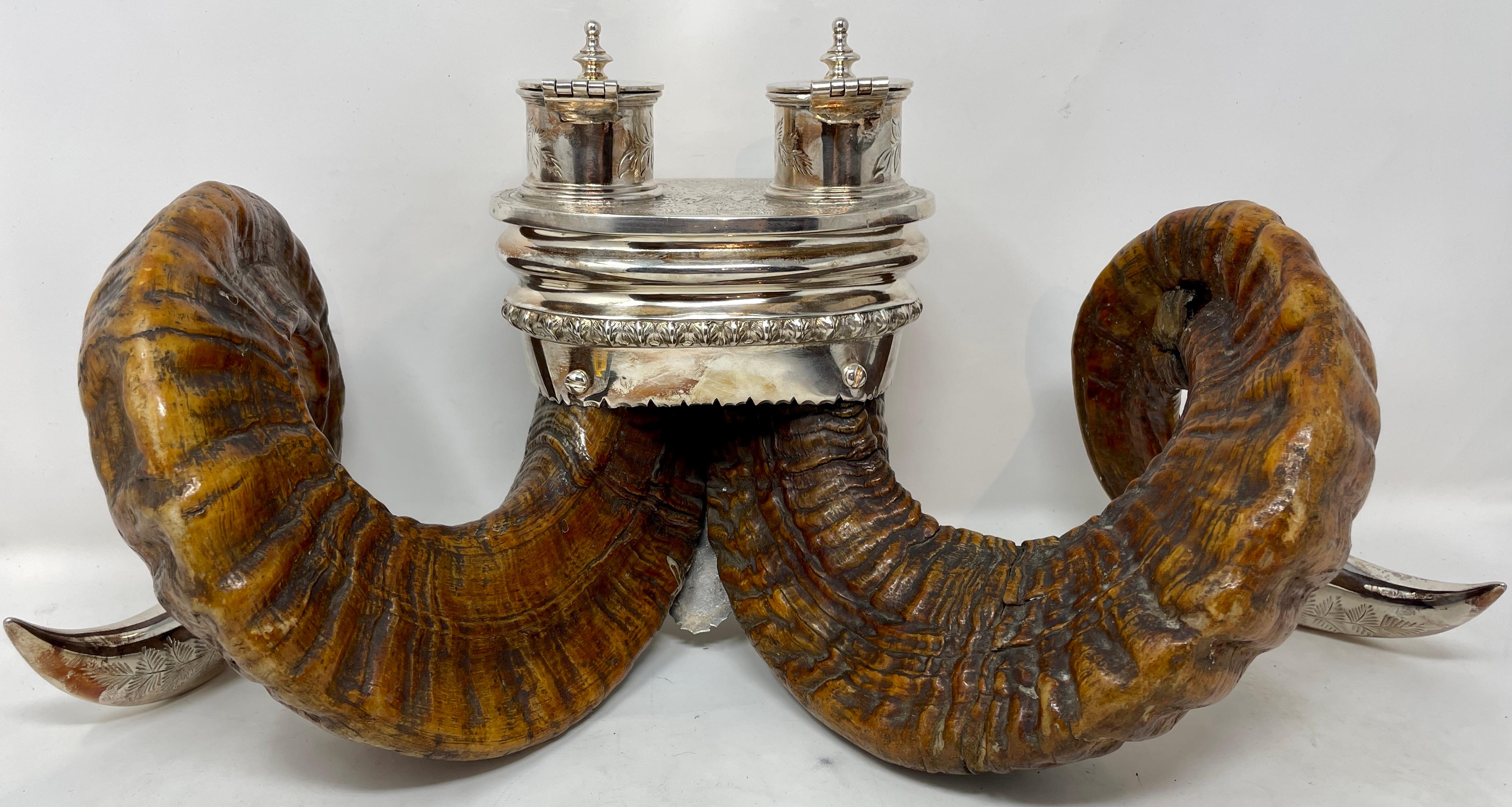 19th Century Antique English Sheffield Silver Mounted Ram's Horn Snuff Mull, Circa 1880