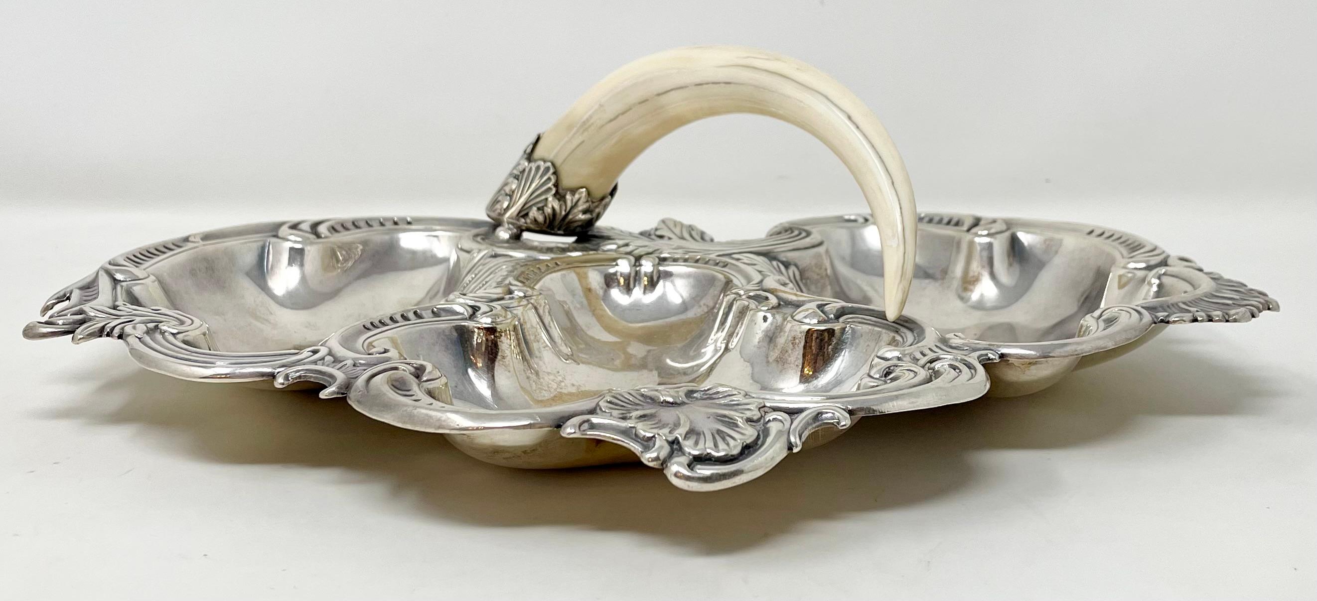 Antique English Sheffield silver-plate and boar's tusk serving dish, circa 1890-1910.