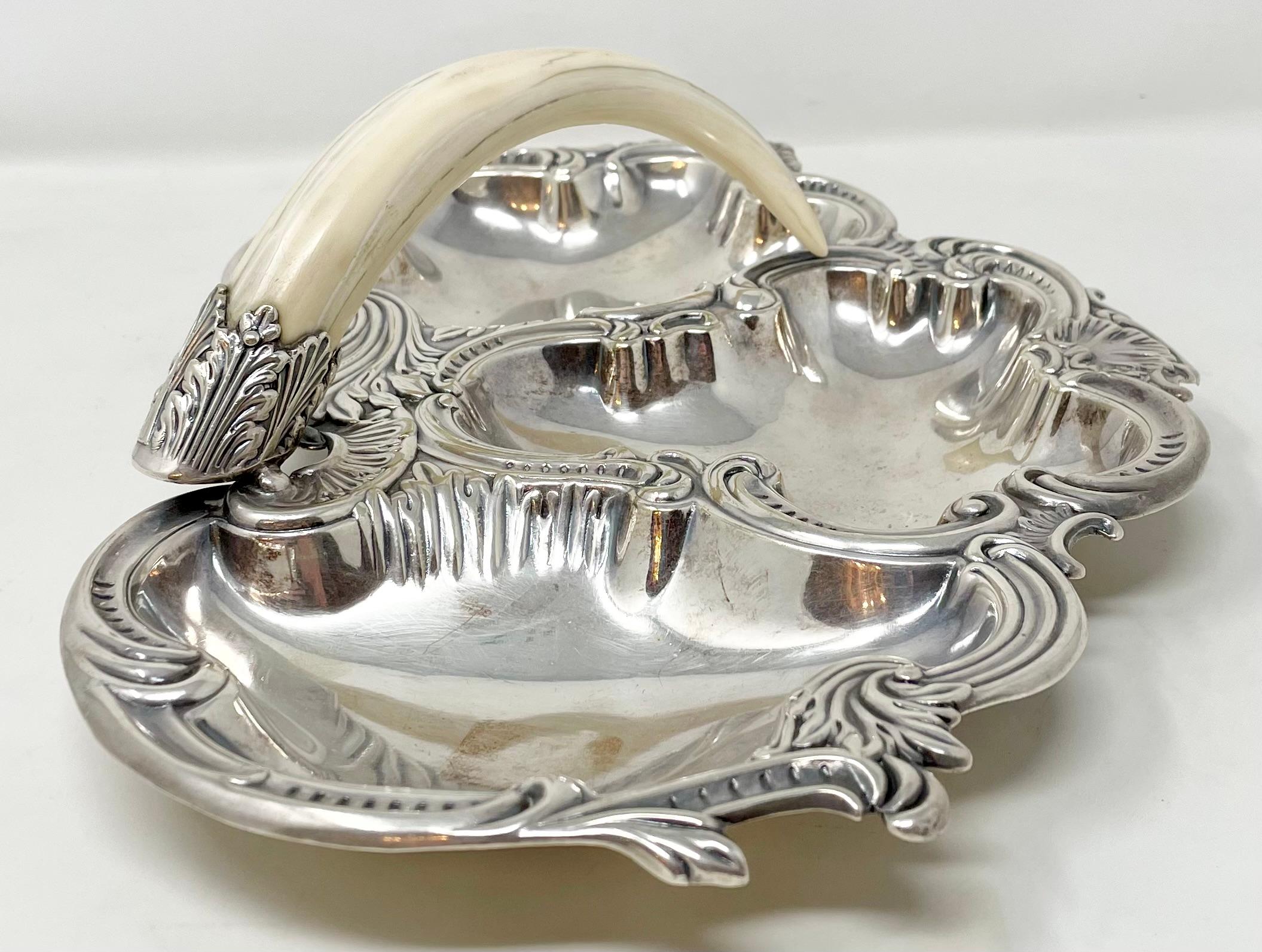 Antique English Sheffield Silver-Plate and Boar's Tusk Serving Dish, Circa 1900. In Good Condition In New Orleans, LA