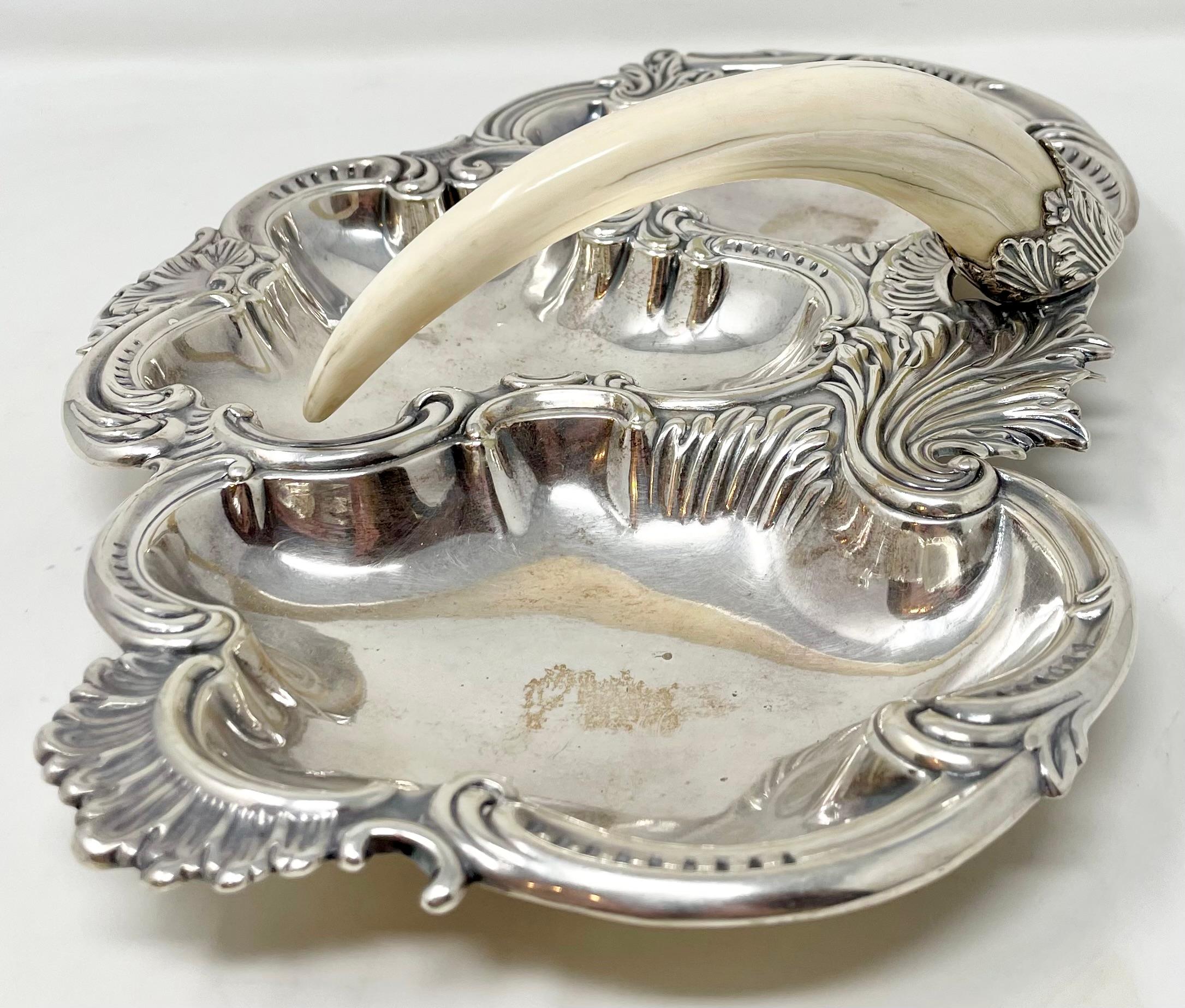 Silver Plate Antique English Sheffield Silver-Plate and Boar's Tusk Serving Dish, Circa 1900.