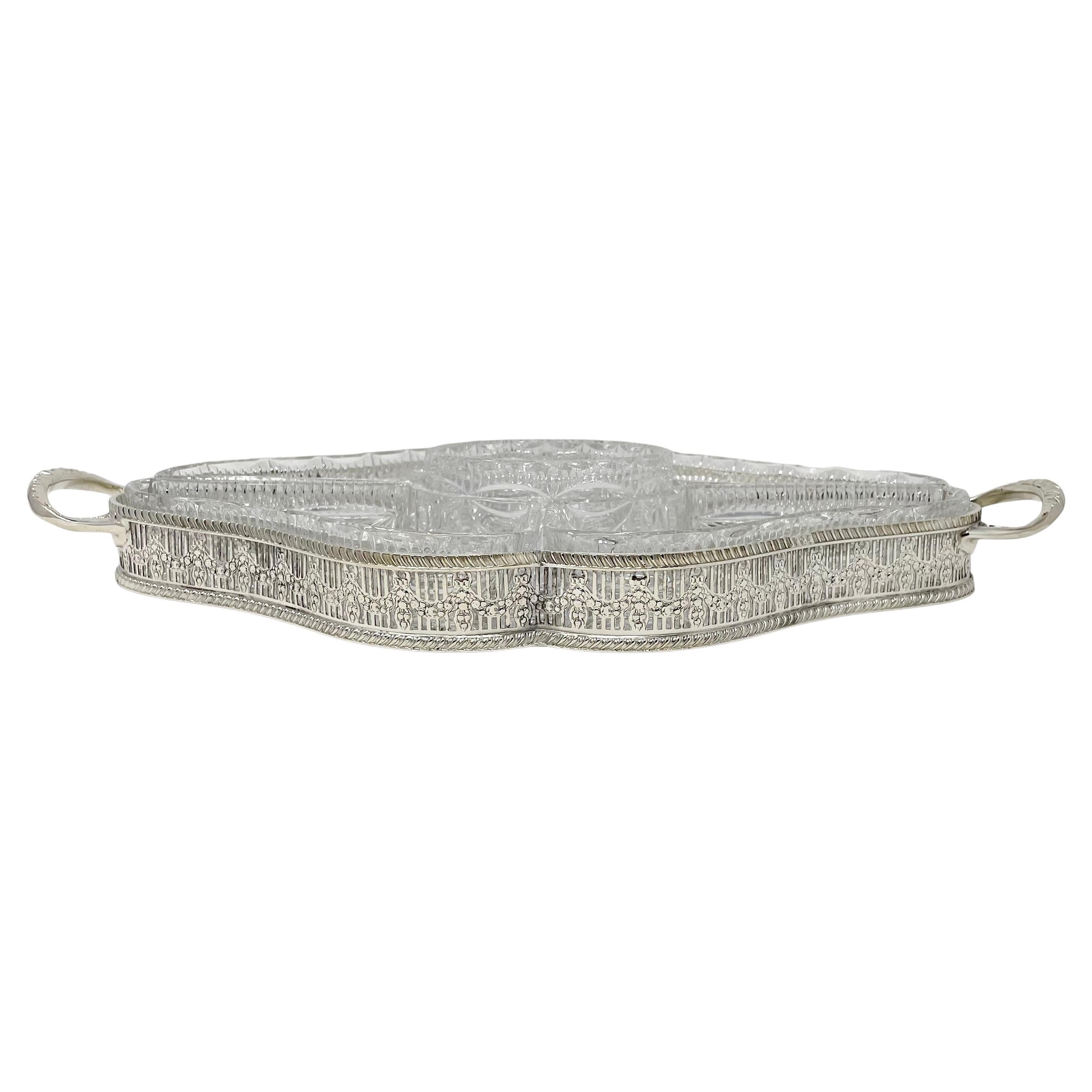 Bandeja de servicio de entremeses de cristal y plata inglesa antigua de Sheffield. Inglés en venta