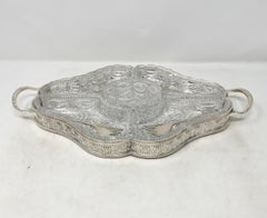 Bandeja de servicio de entremeses de cristal y plata inglesa antigua de Sheffield.