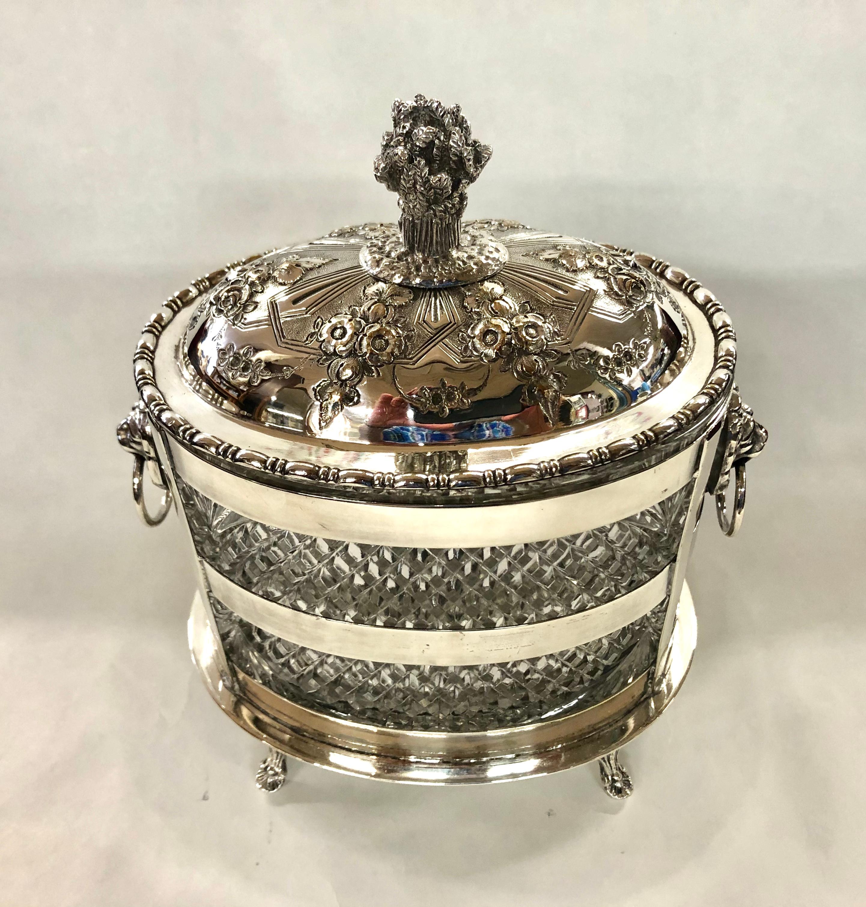 Exceptional quality antique English Sheffield hand chased silver-plate oval biscuit box; the stand which holds a gorgeous 