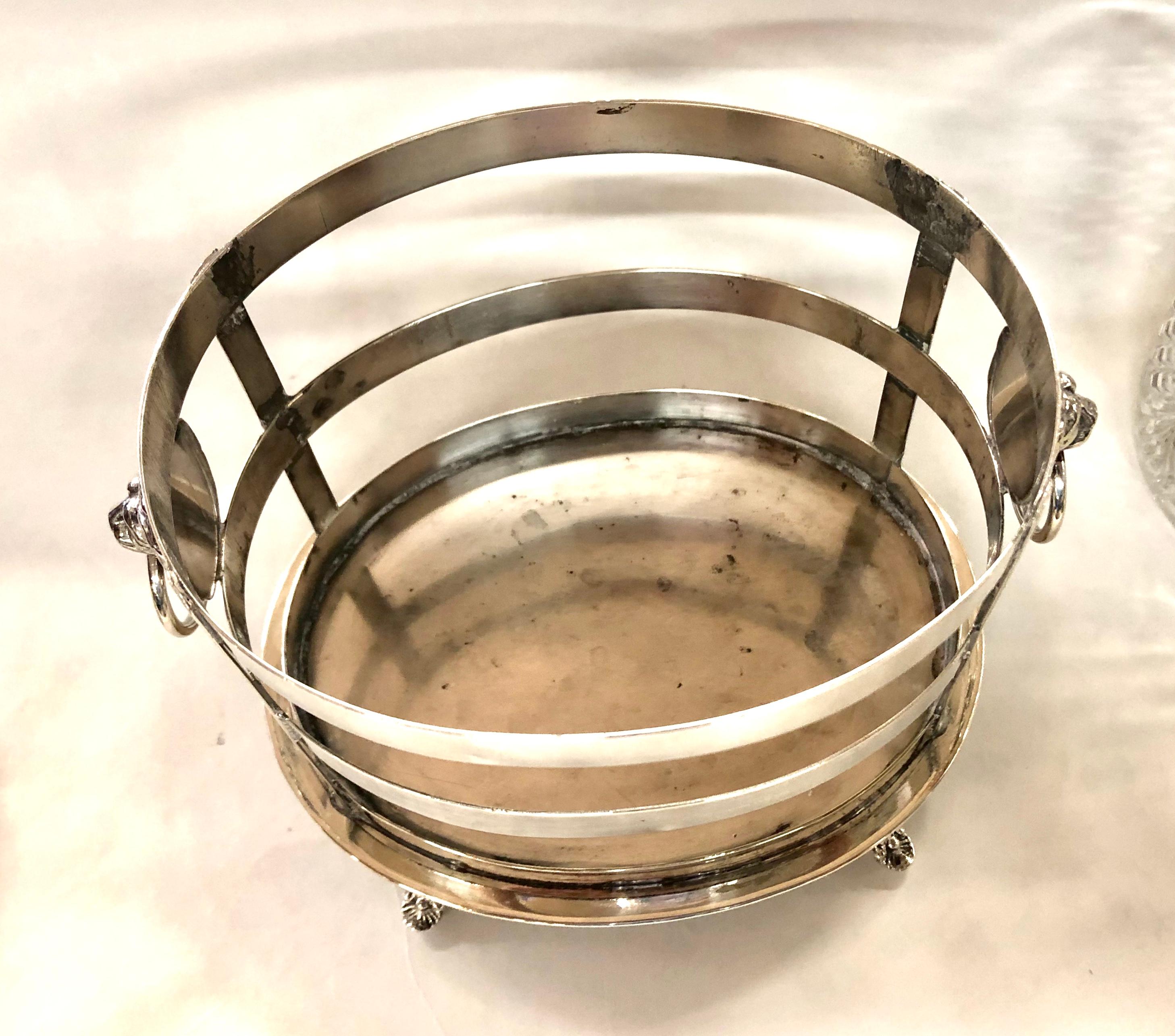 Silver Plate Antique English Sheffield Silver-Plate & Crystal Regency Style Oval Biscuit Box