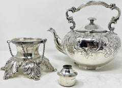 Antique English Sheffield Silver-Plate Footed Tea Pot with Etching, Circa 1860.