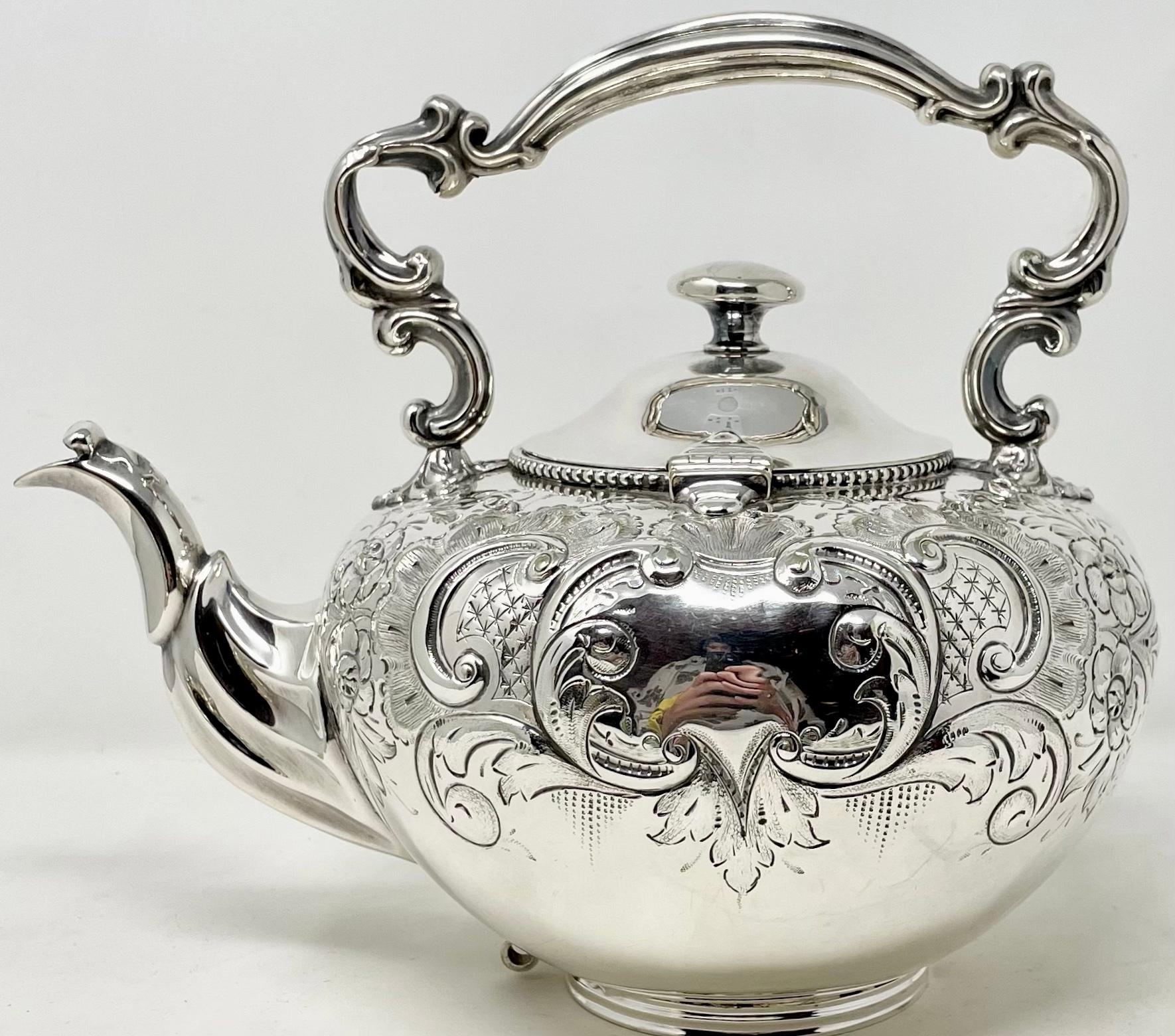19th Century Antique English Sheffield Silver-Plate Footed Tea Pot with Etching, Circa 1860. For Sale