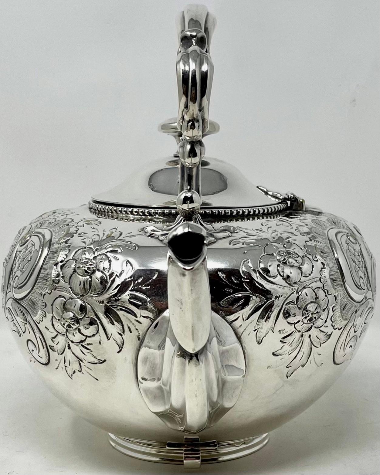 Sheffield Plate Antique English Sheffield Silver-Plate Footed Tea Pot with Etching, Circa 1860. For Sale