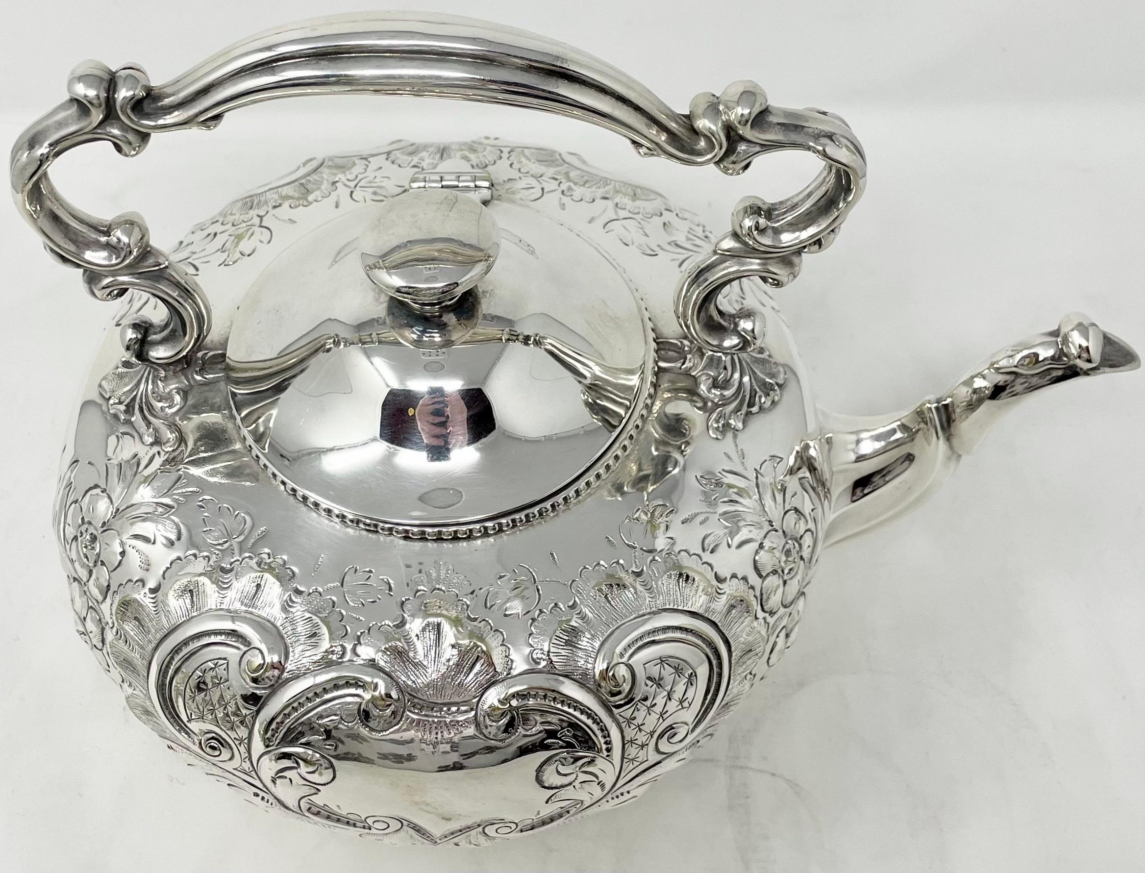 Antique English Sheffield Silver-Plate Footed Tea Pot with Etching, Circa 1860. For Sale 1