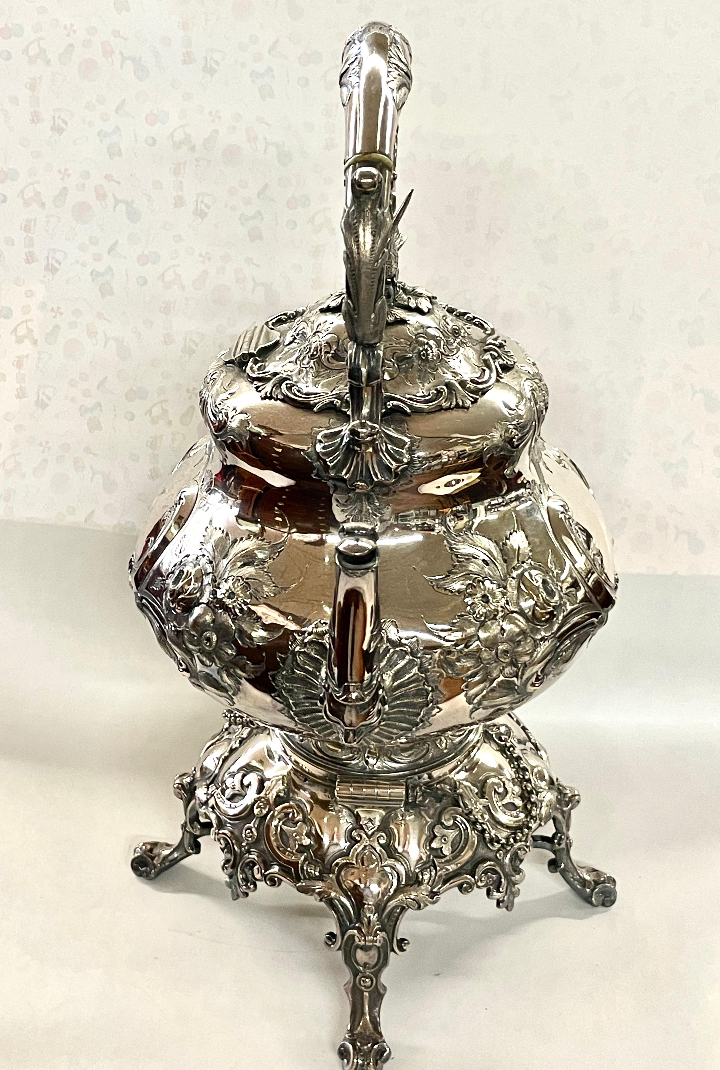 Antique English Sheffield Silver Plate Hnd Chsd Louis XIV Tipping Kettle & Stand For Sale 5