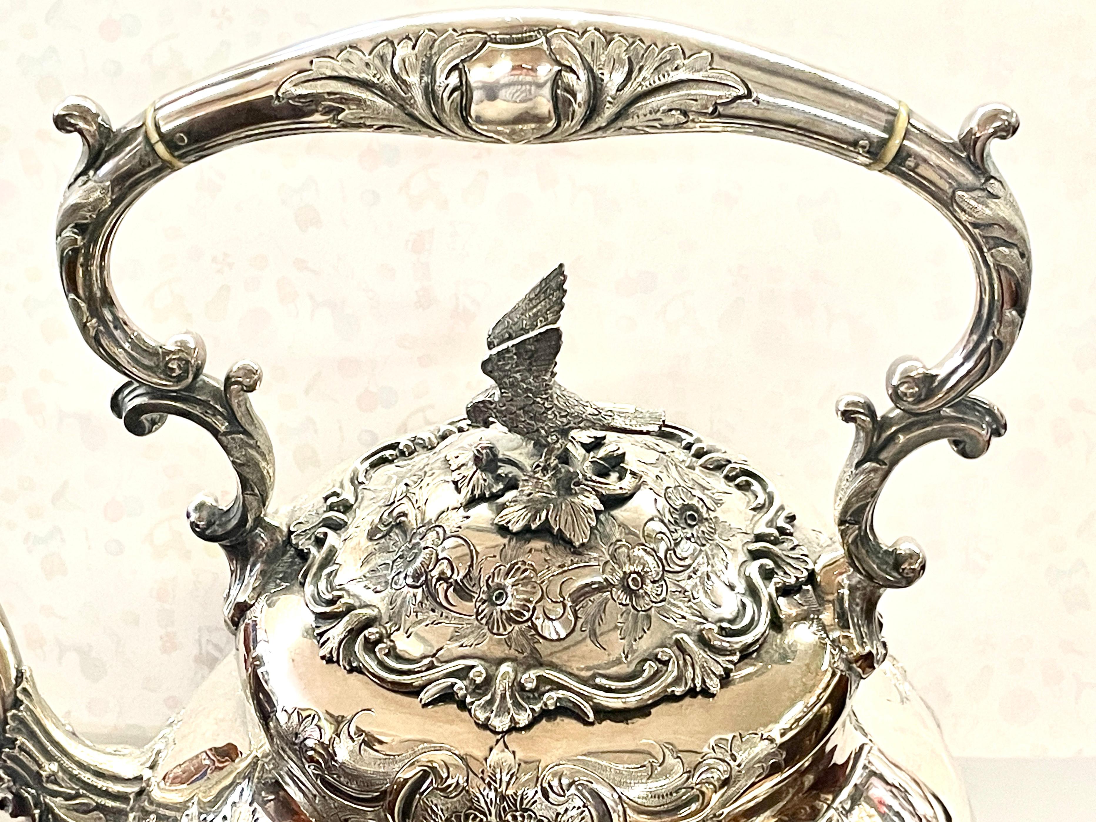Antique English Sheffield Silver Plate Hnd Chsd Louis XIV Tipping Kettle & Stand For Sale 6