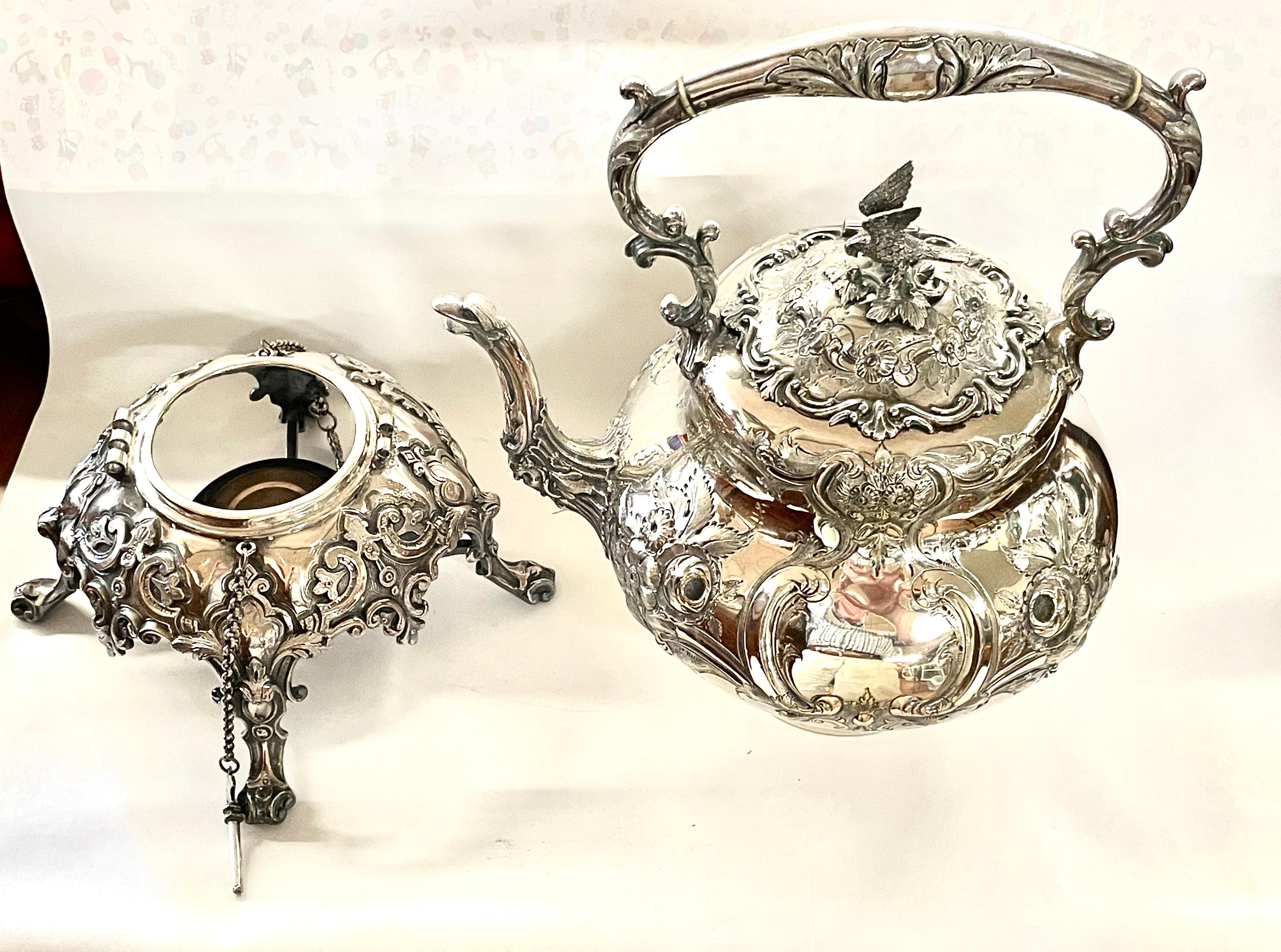 Antique English Sheffield Silver Plate Hnd Chsd Louis XIV Tipping Kettle & Stand For Sale 2