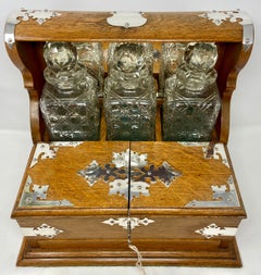 Antique English Sheffield Silver-Plate Mounted Oak Games Box Tantalus Circa 1880