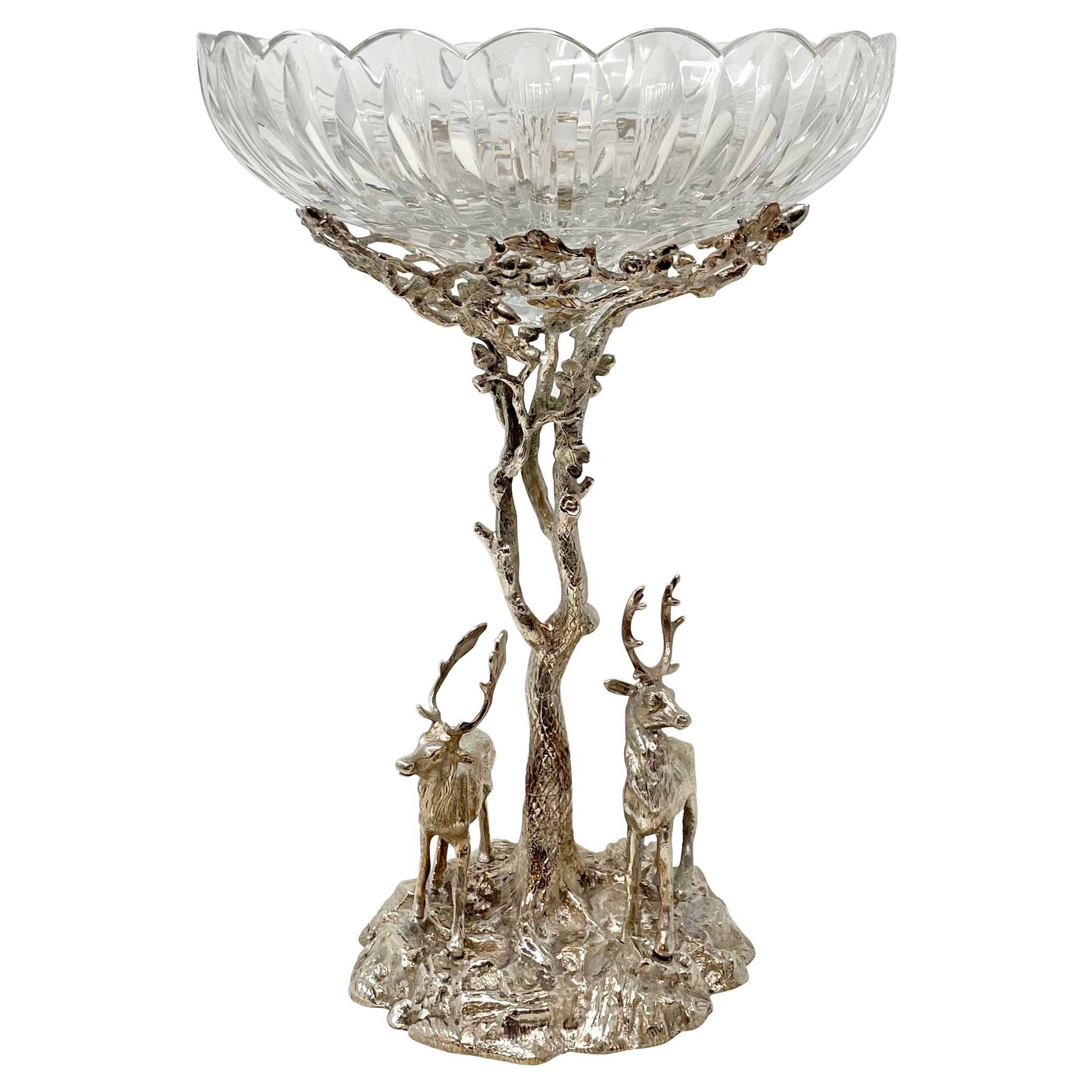 Antique English Sheffield Silver Plated Cut Crystal Epergne with Deer circa 1900