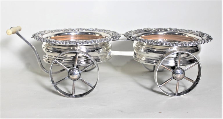 Late Victorian Antique English Sheffield Silver Plated Figural Wine Bottle Wagon or Coaster Set For Sale