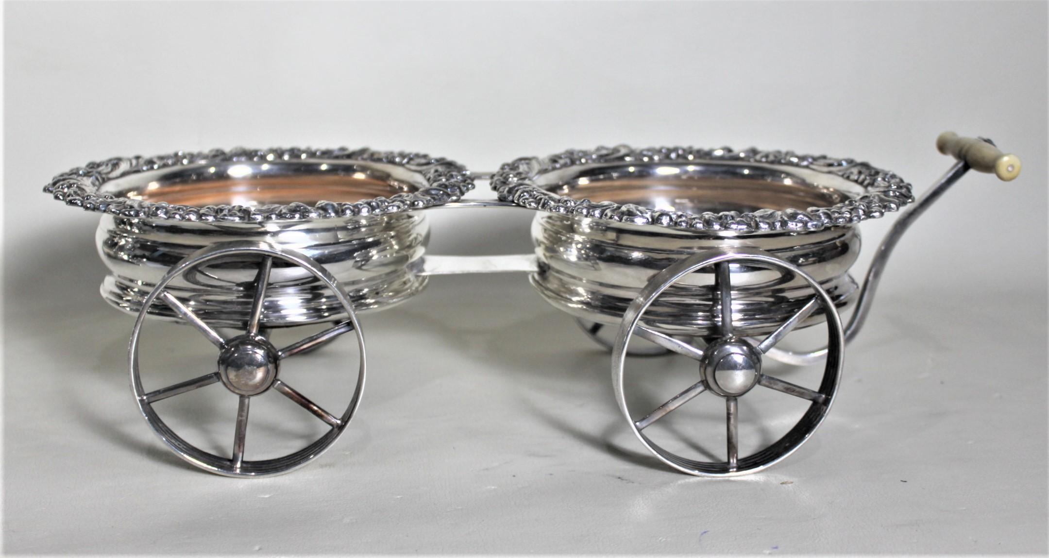 Late Victorian Antique English Sheffield Silver Plated Figural Wine Bottle Wagon or Coaster Set For Sale