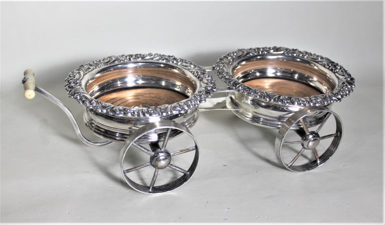 Antique English Sheffield Silver Plated Figural Wine Bottle Wagon or Coaster Set For Sale 3