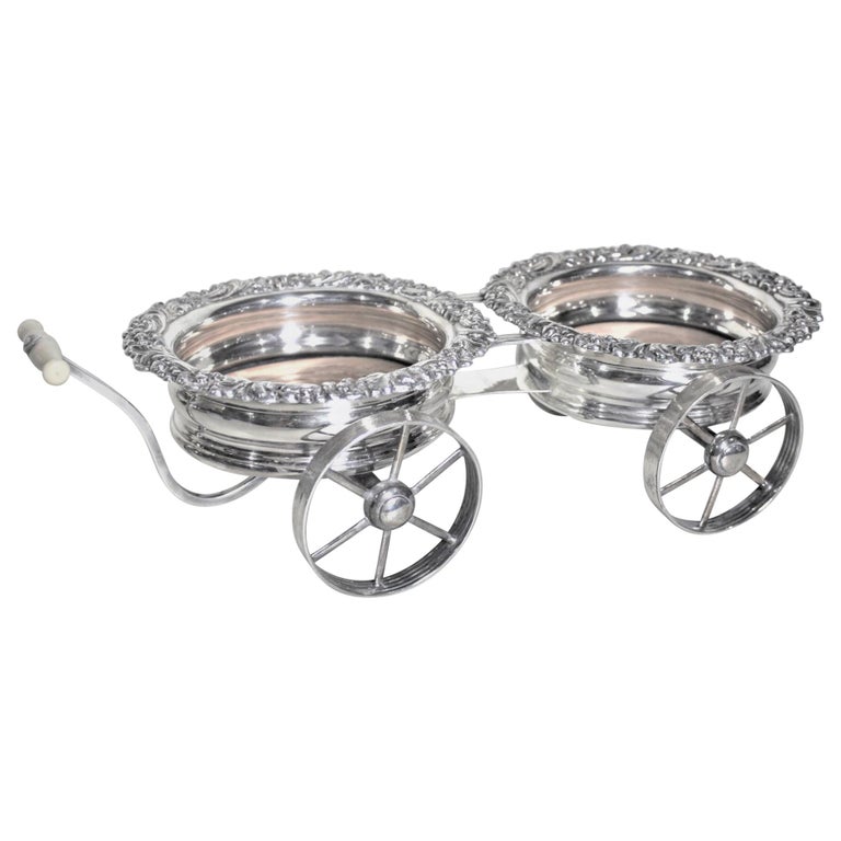 Antique English Sheffield Silver Plated Figural Wine Bottle Wagon or Coaster Set For Sale