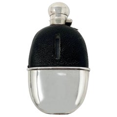 Antique English Sheffield Silver-Plated Hip Flask Mounted with Leather, Ca. 1880