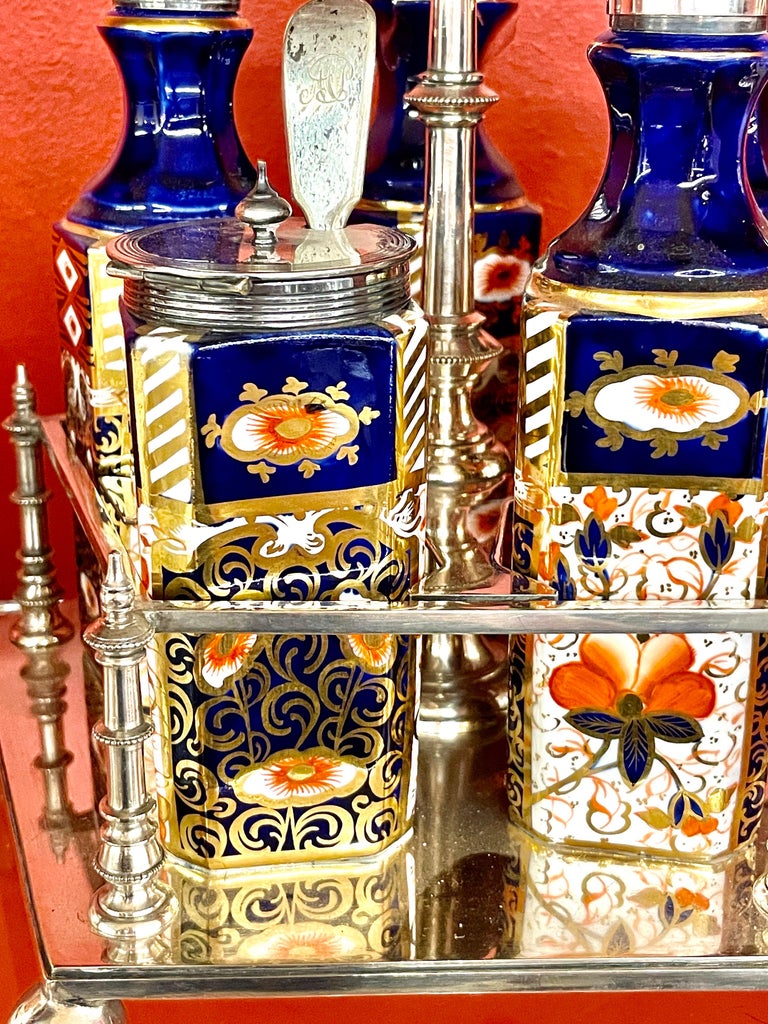 Antique English Sheffield Silverplate and Davenport Imari China 5Bottle Cruet Set For Sale at