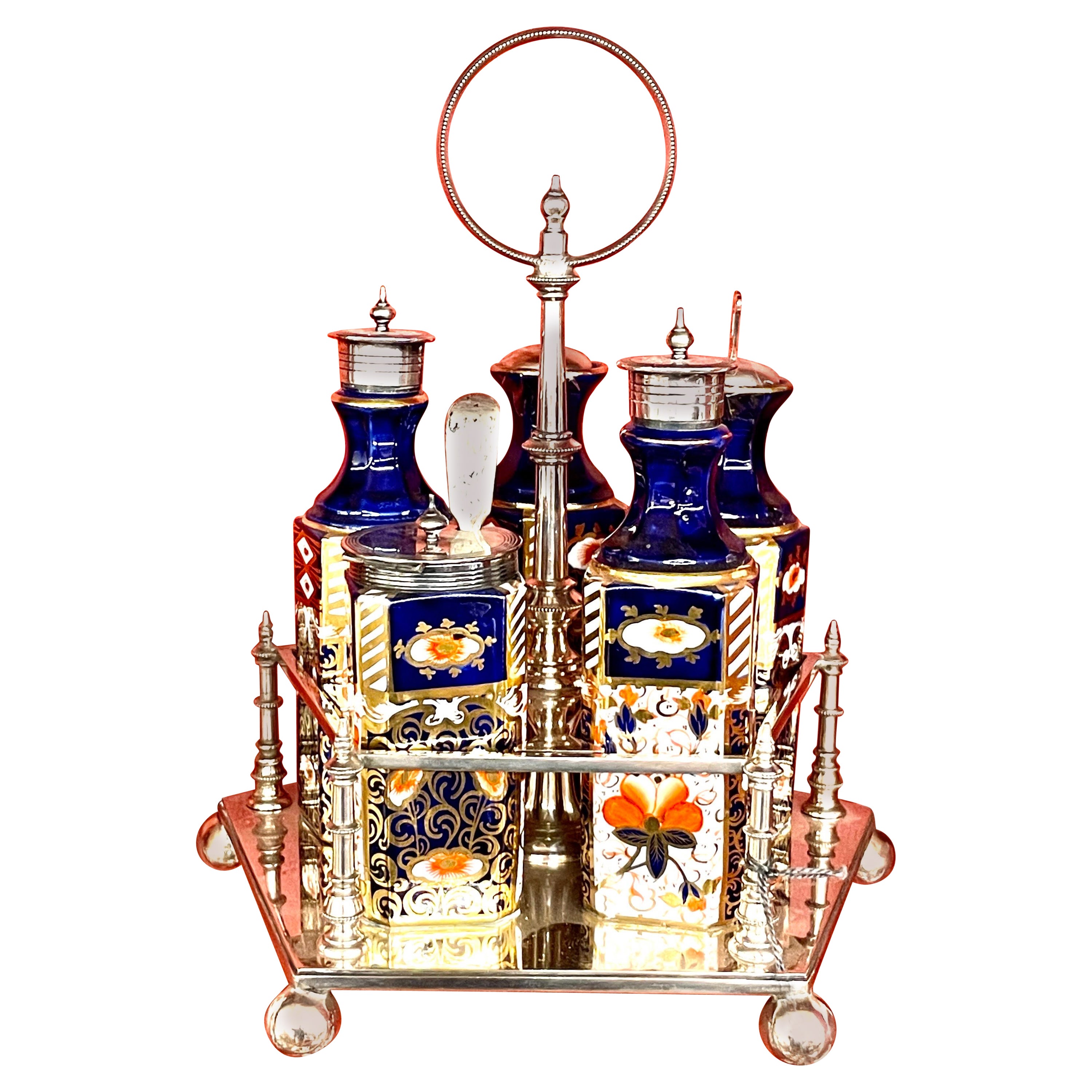 Antique English Sheffield Silverplate 
Davenport Imari China 5-Bottle Cruet Set