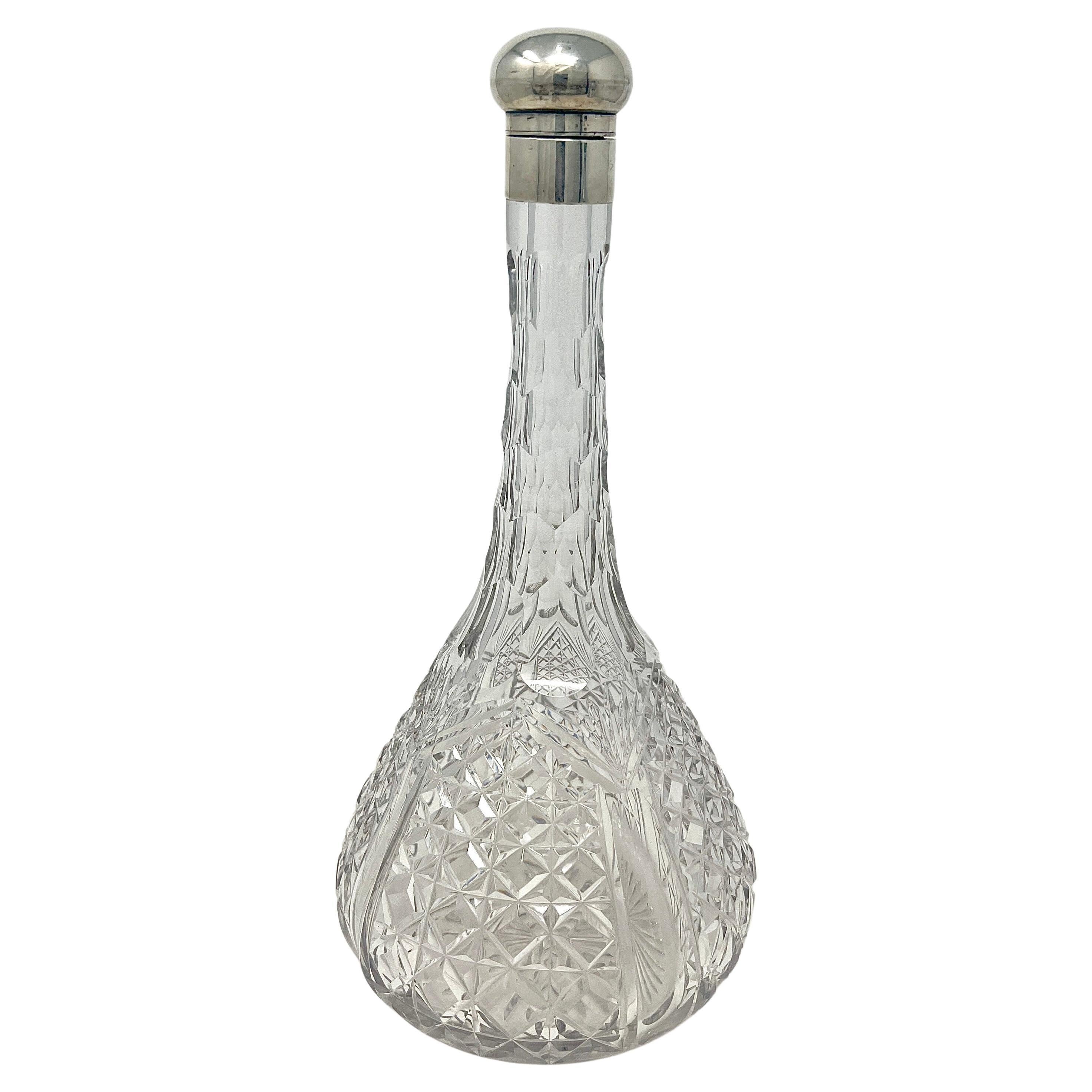 Antique English Sheffield Sterling Silver & Cut Glass Wine Decanter, Circa 1920. For Sale