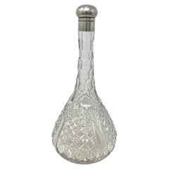 Carafe à vin anglaise ancienne Sheffield en argent sterling et verre taillé, vers 1920.