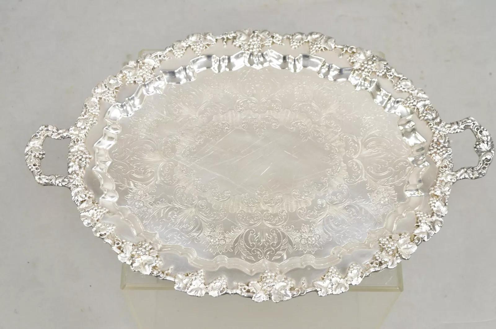 Antique English Sheffield Victorian Grapevine Repousse Oval Serving Platter Tray For Sale 6