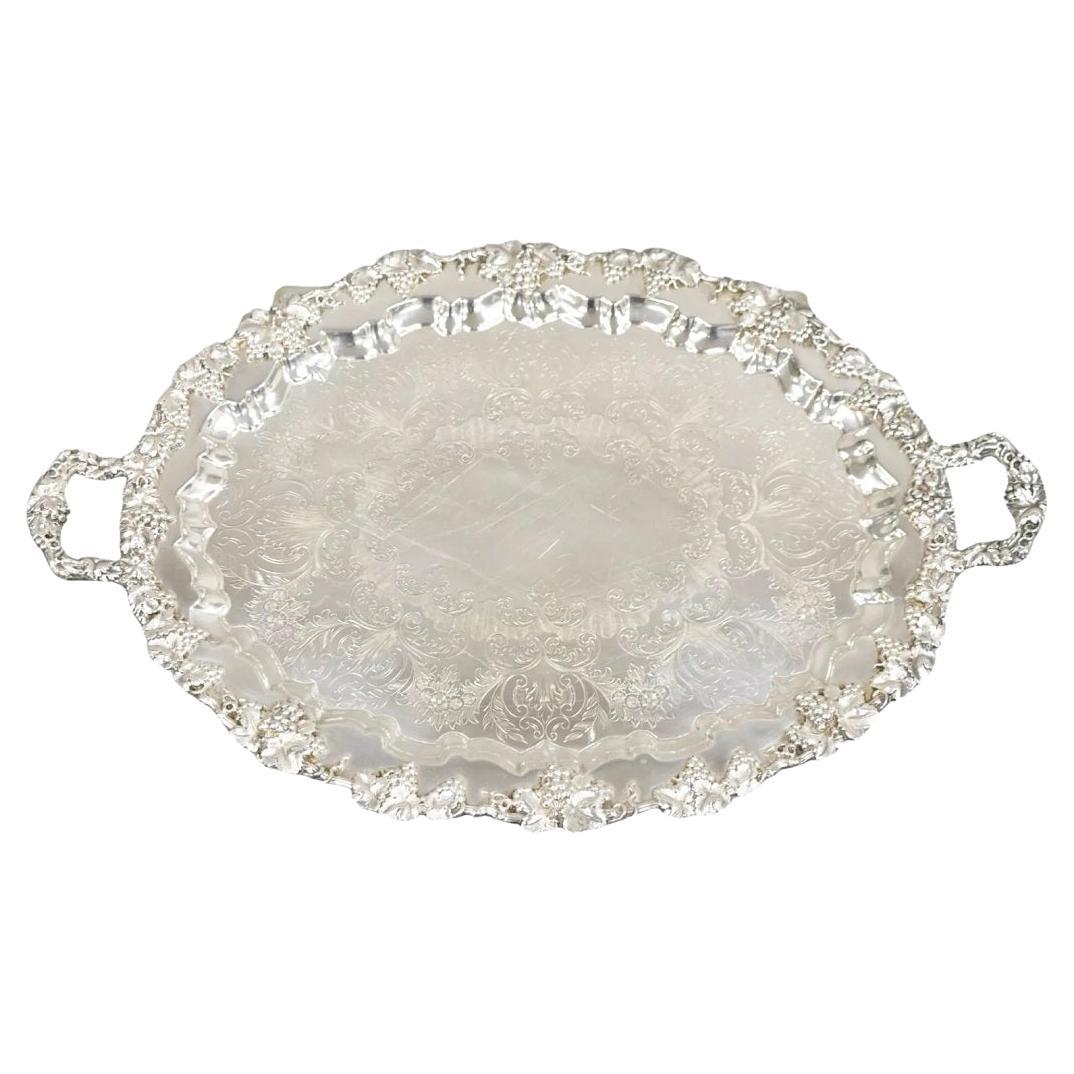 Antique English Sheffield Victorian Grapevine Repousse Oval Serving Platter Tray For Sale