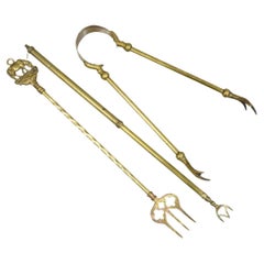 Antique English Sheraton Federal Figural Brass Fireplace Tool Set - 3 Pc Set