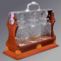 Antique English Sheraton Inlaid Mahogany Edwardian Silver-plated Tantalus, 1890