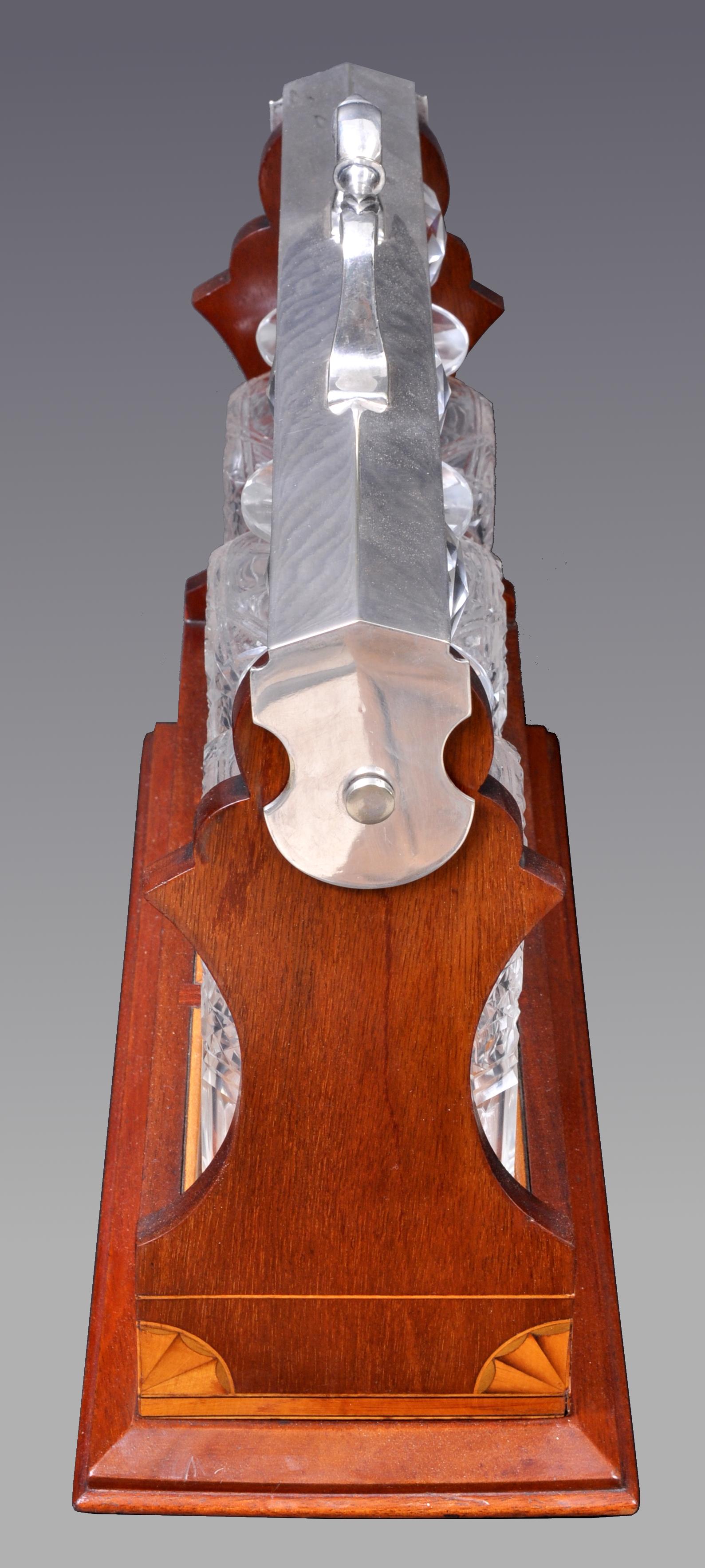 Faceted Antique English Sheraton Inlaid Mahogany Edwardian Silver-plated Tantalus, 1890