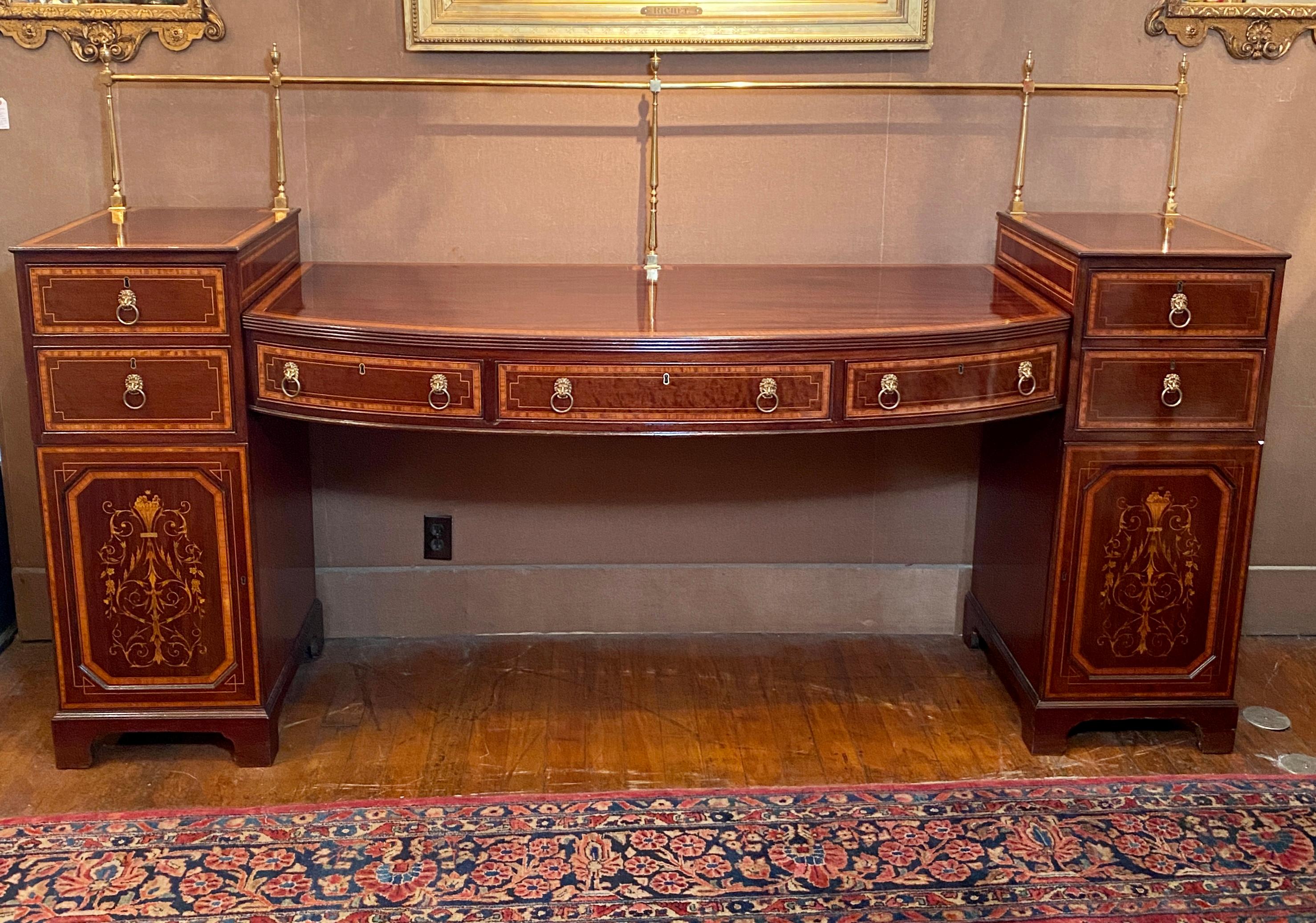 Exceptional Antique English Sheraton Finely Inlaid Mahogany Sideboard With Brass Rail, Circa 1870-1880.  Signed Edwards & Roberts
Rail Height 58''
Side Height 43''
Center Height 37.5''
      