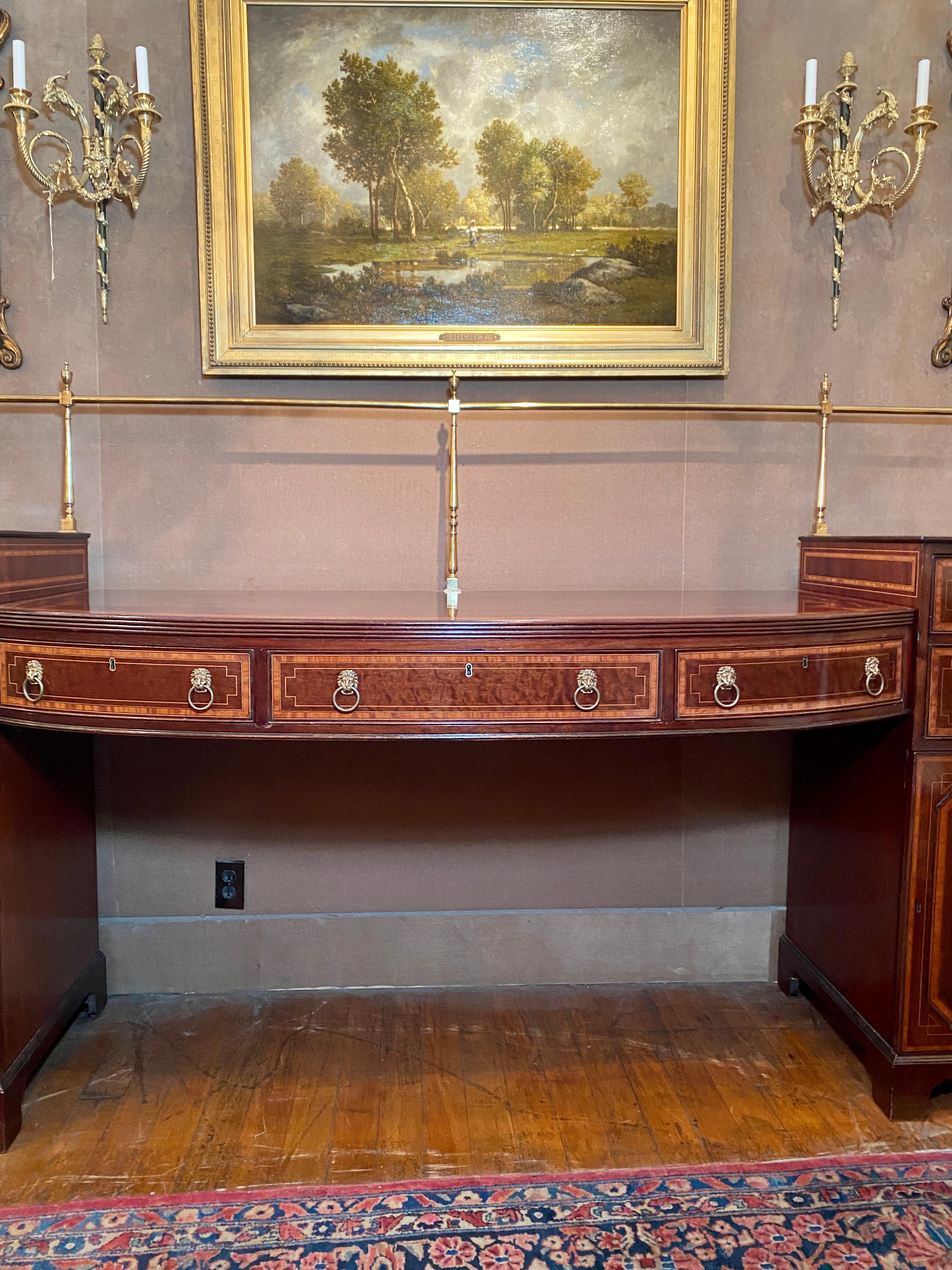 Antique English Sheraton Inlaid Mahogany Sideboard With Brass Rail, Circa 1870's In Good Condition For Sale In New Orleans, LA
