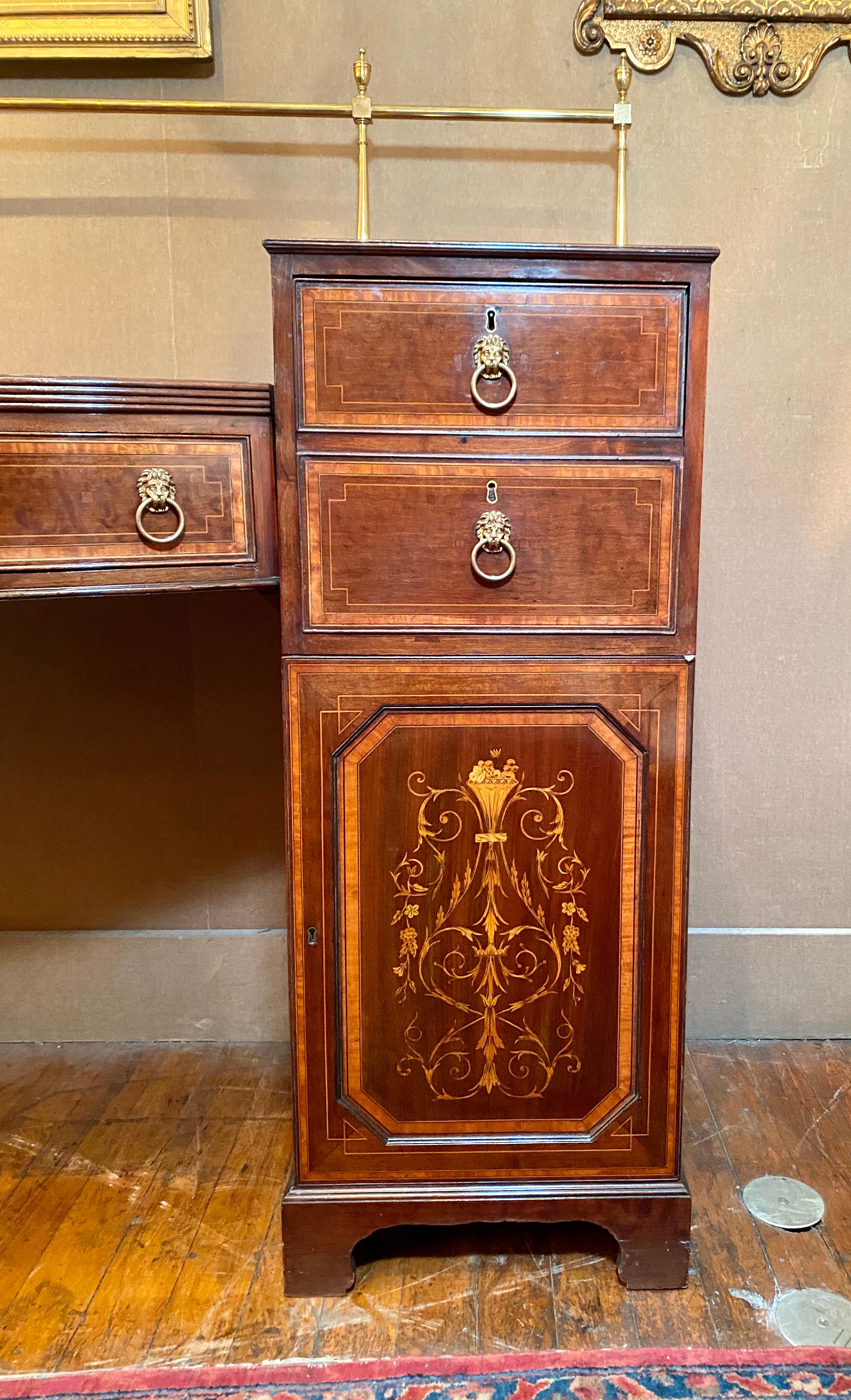 19th Century Antique English Sheraton Inlaid Mahogany Sideboard With Brass Rail, Circa 1870's For Sale