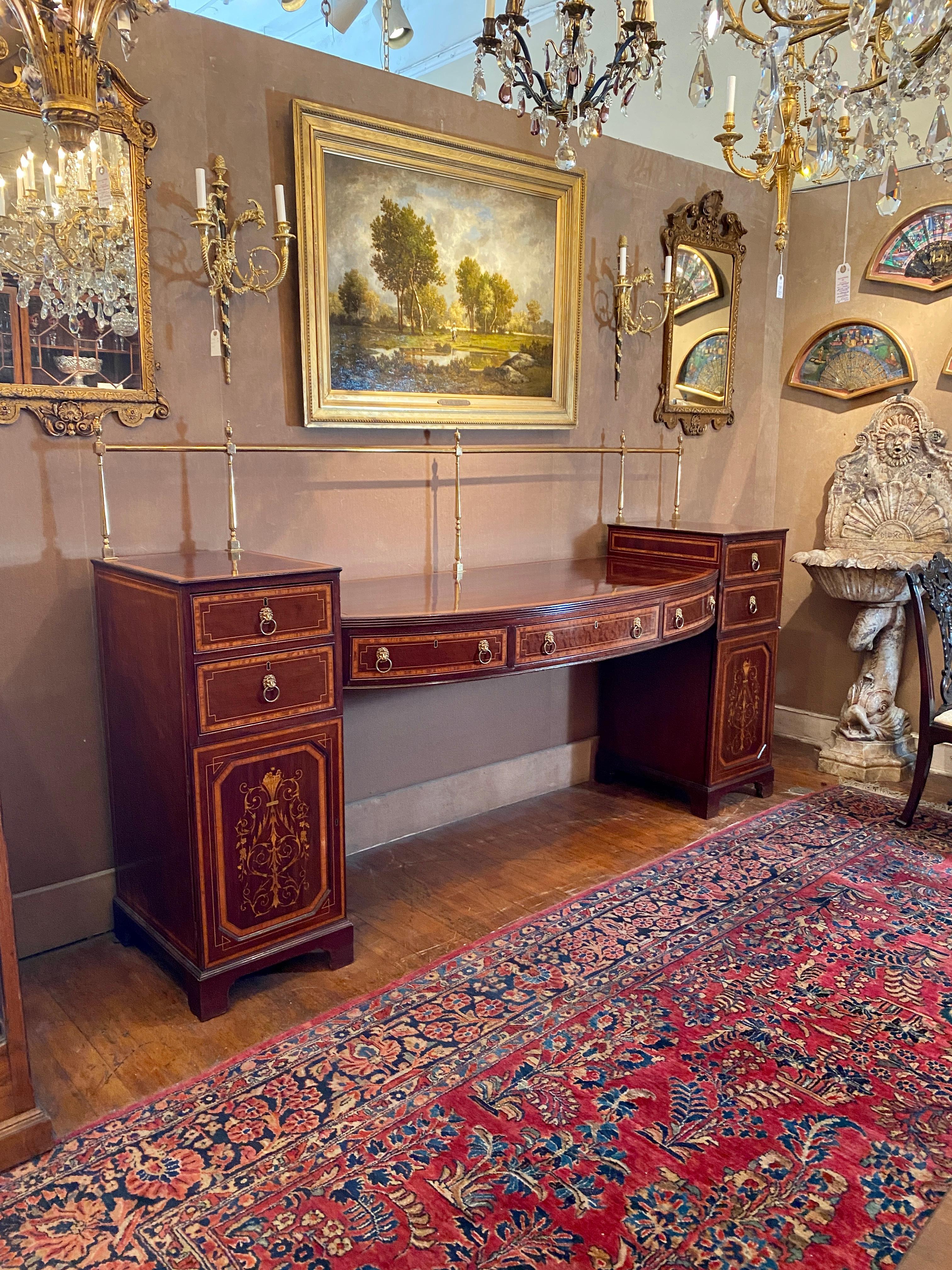 Antique English Sheraton Inlaid Mahogany Sideboard With Brass Rail, Circa 1870's For Sale 2