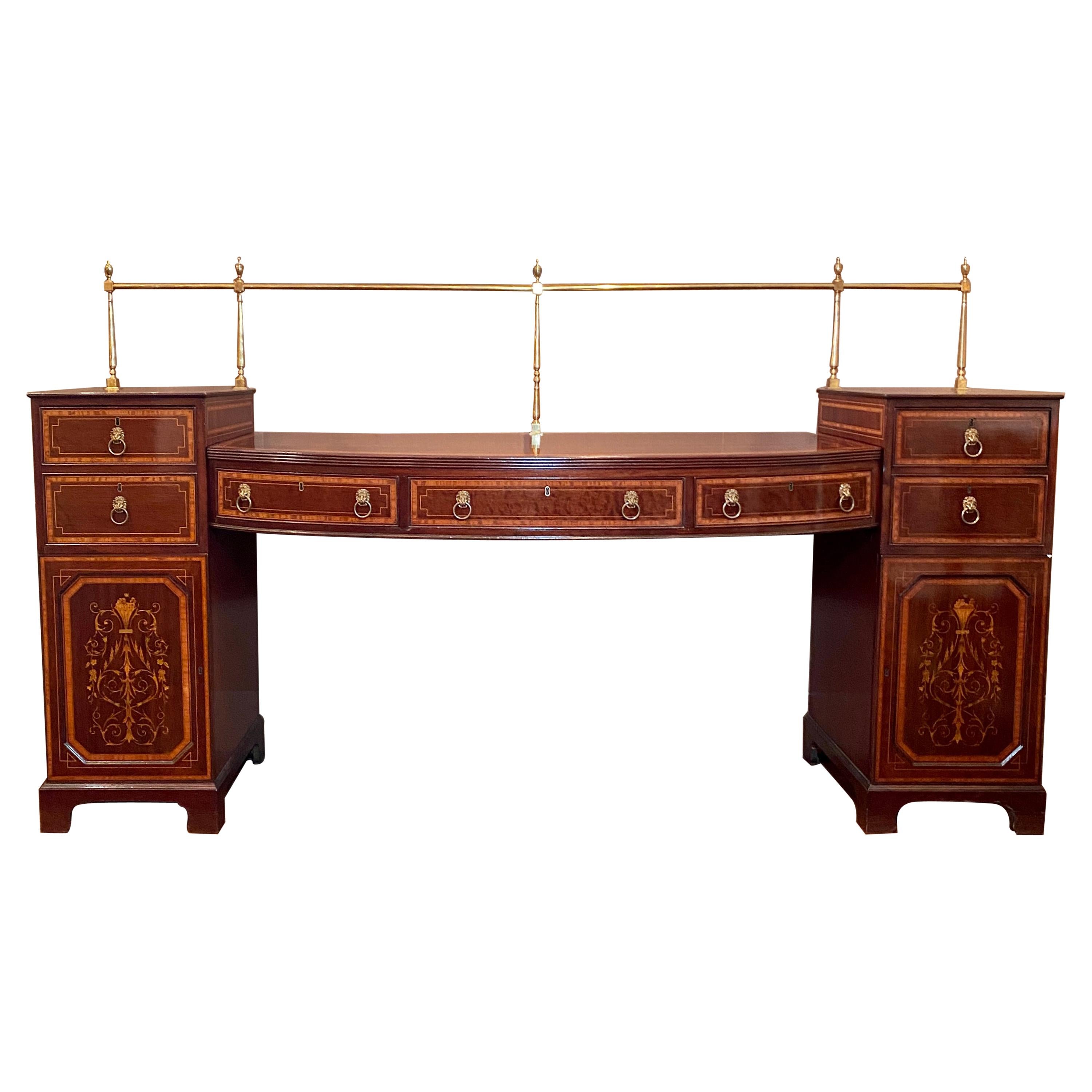 Antique English Sheraton Inlaid Mahogany Sideboard With Brass Rail, Circa 1870's For Sale