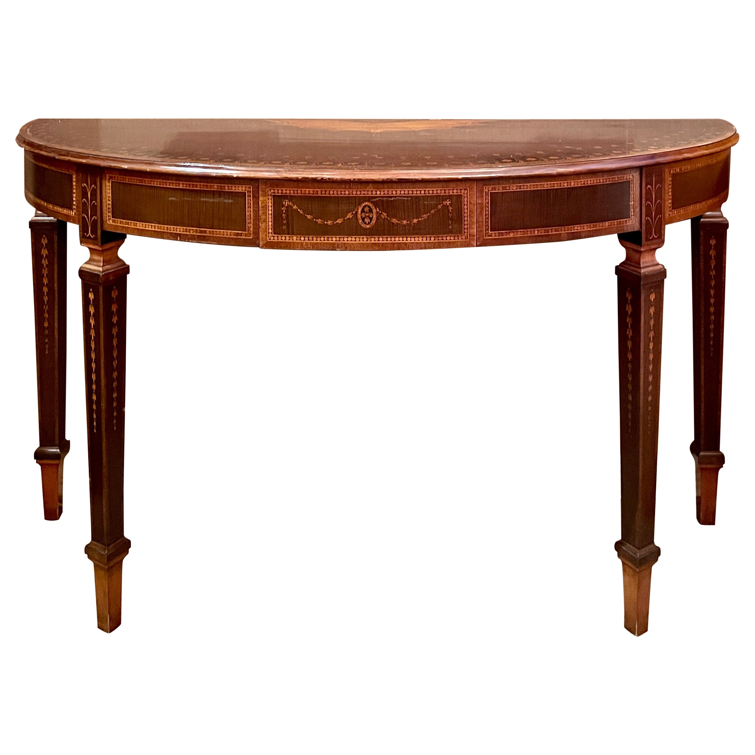 Antique English Sheraton Mahogany and Satinwood Demi-Lune Console, Circa 1890's. For Sale