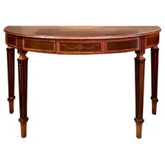 Antique English Sheraton Mahogany and Satinwood Demi-Lune Console, Circa 1890's.