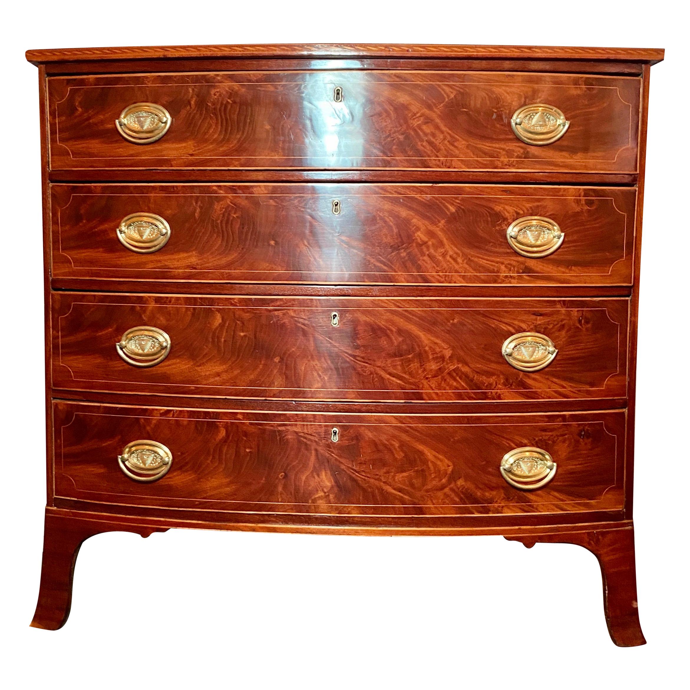 Antique English Sheraton Period Bow-Front Chest of Drawers, circa 1810-1820