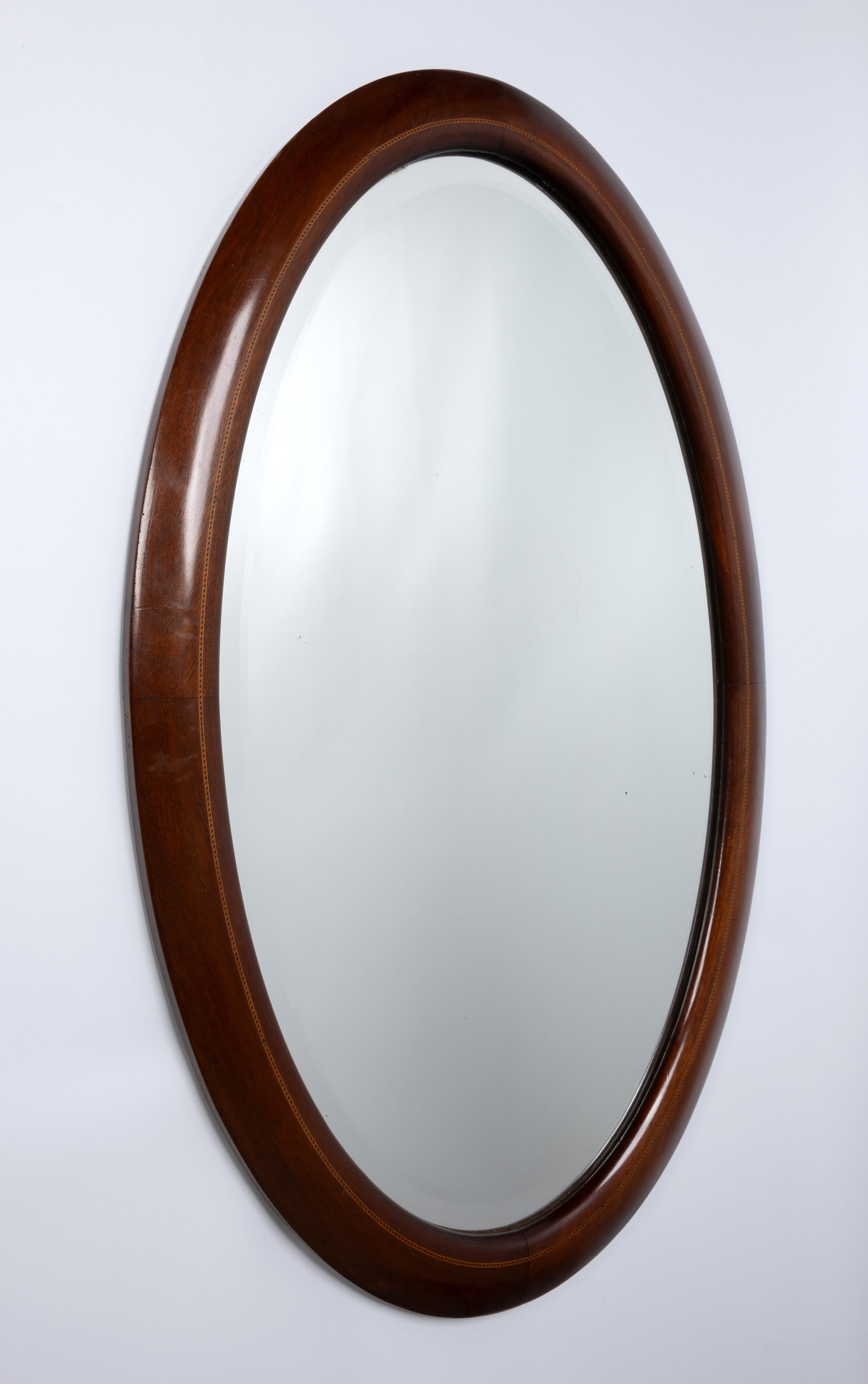 Antique English Sheraton Revival Cushioned Inlaid Mahogany Oval Mirror  For Sale 2