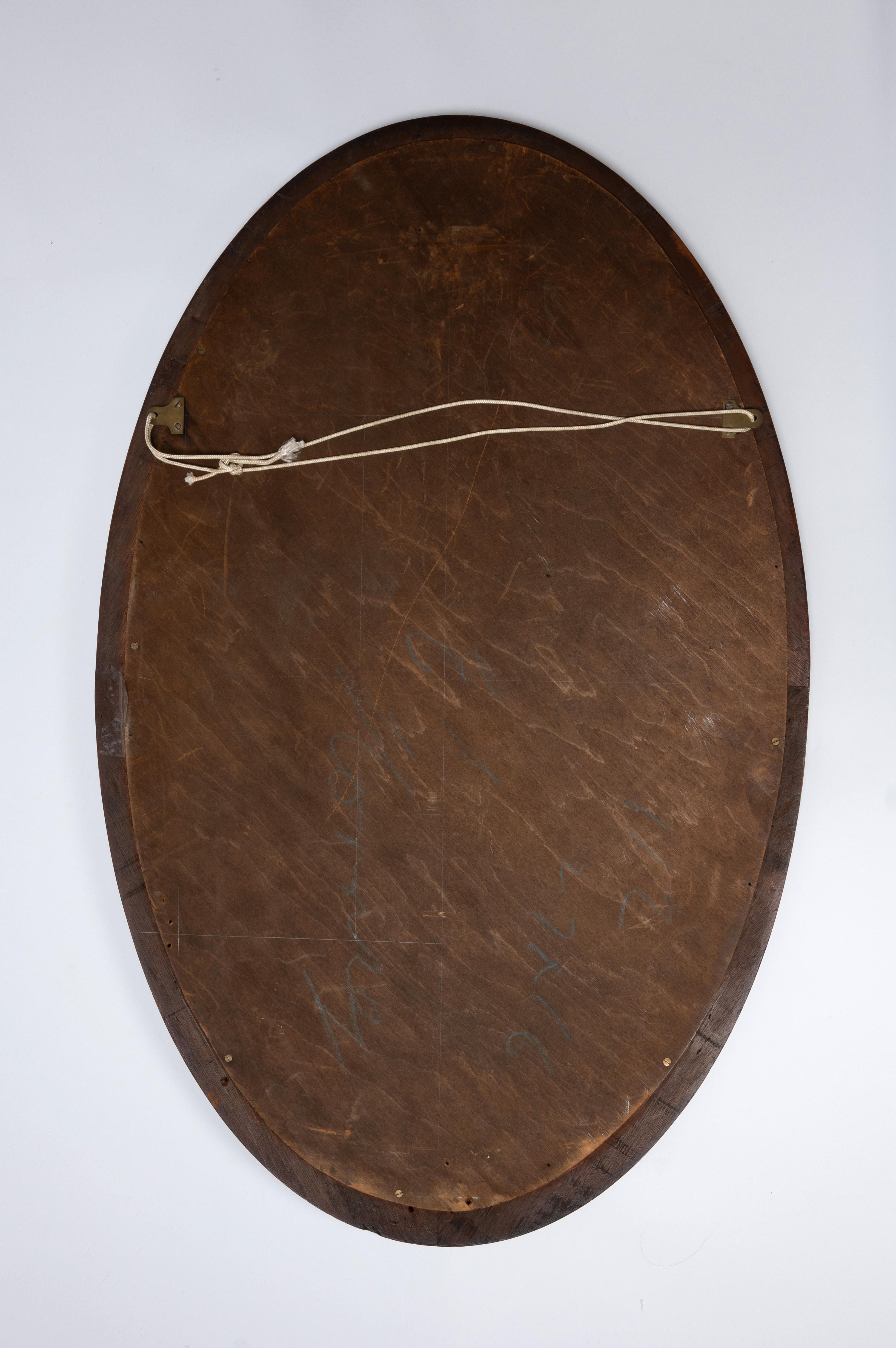 Antique English Sheraton Revival Cushioned Inlaid Mahogany Oval Mirror  For Sale 3