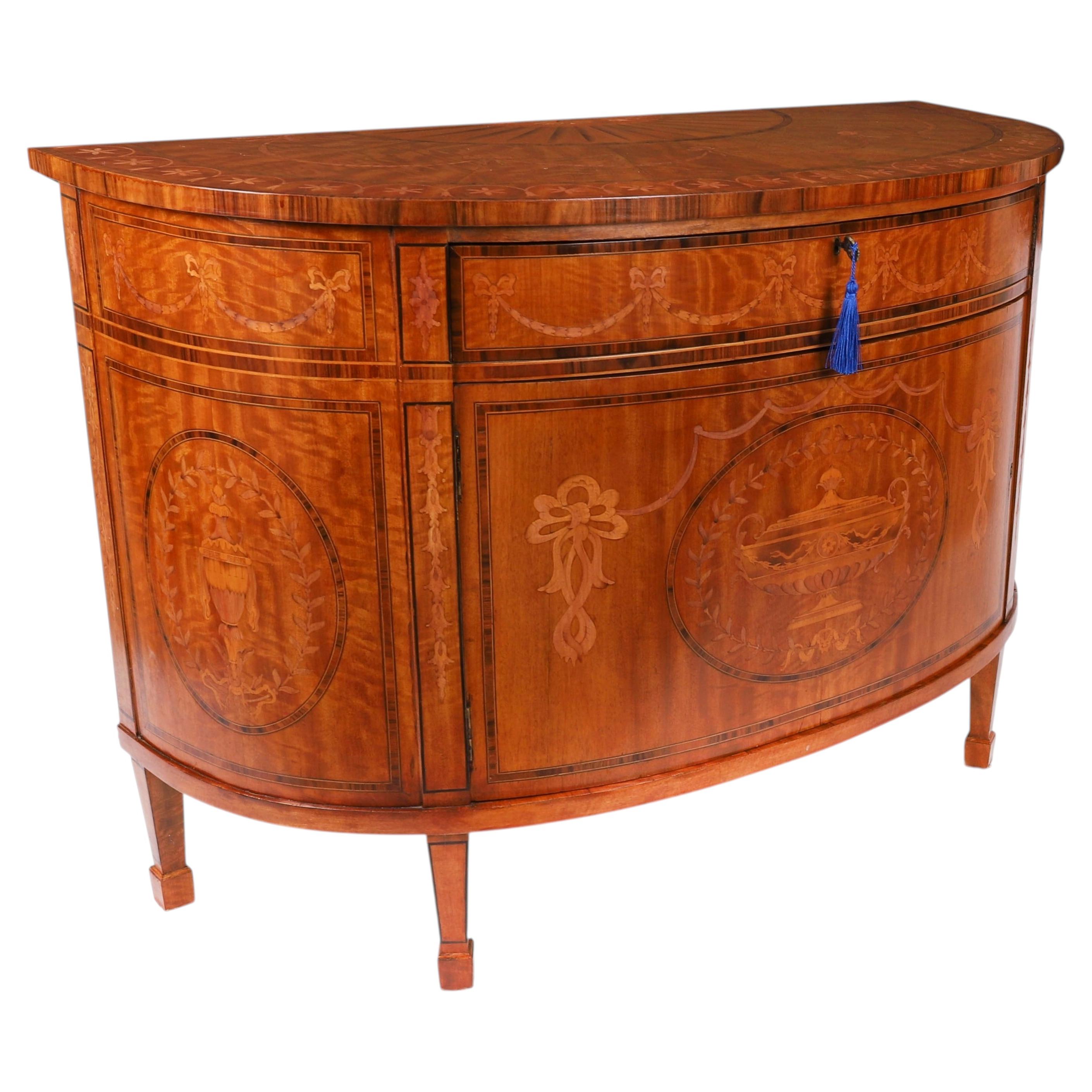 Antique English Sheraton Revival Satinwood and Marquetry Cabinet Circa 1900