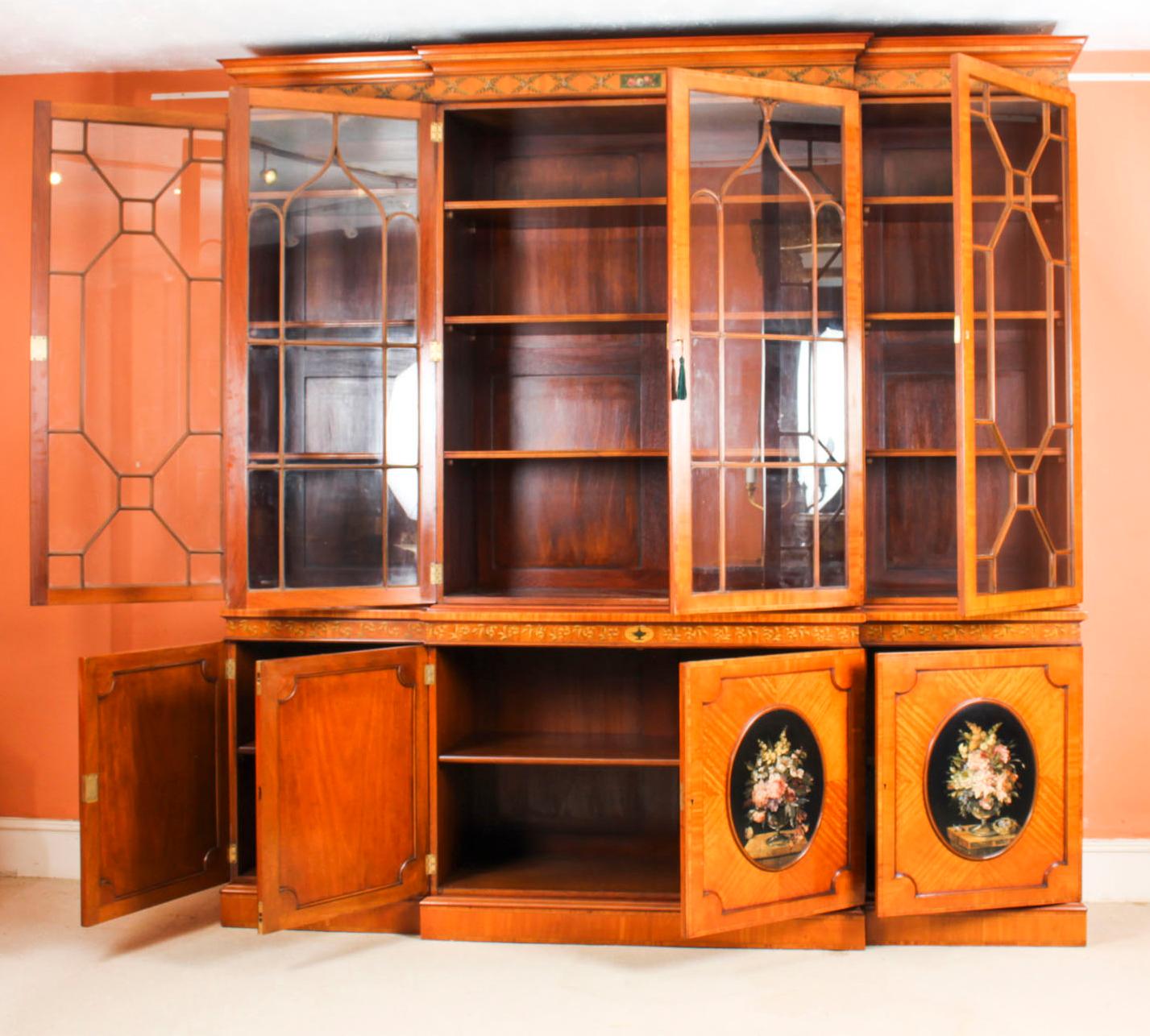 Antique English Sheraton Revival Satinwood Breakfront Bookcase, 19th Century 9