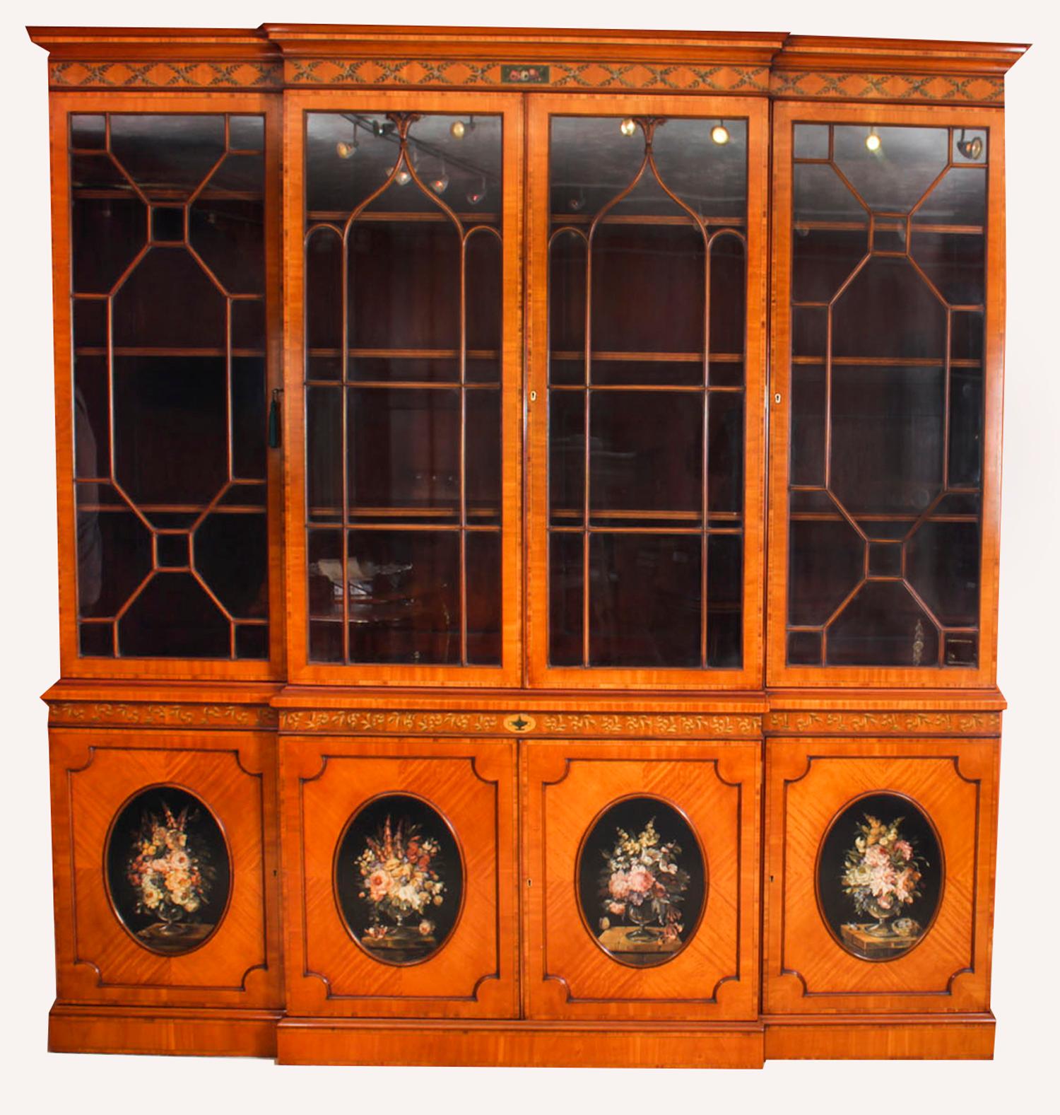 Antique English Sheraton Revival Satinwood Breakfront Bookcase, 19th Century 10