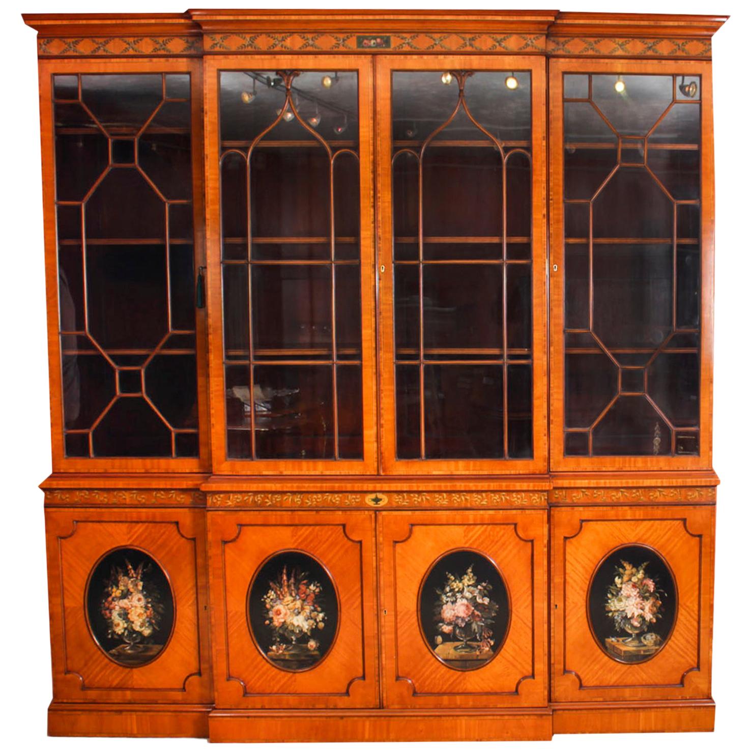 Antique English Sheraton Revival Satinwood Breakfront Bookcase, 19th Century