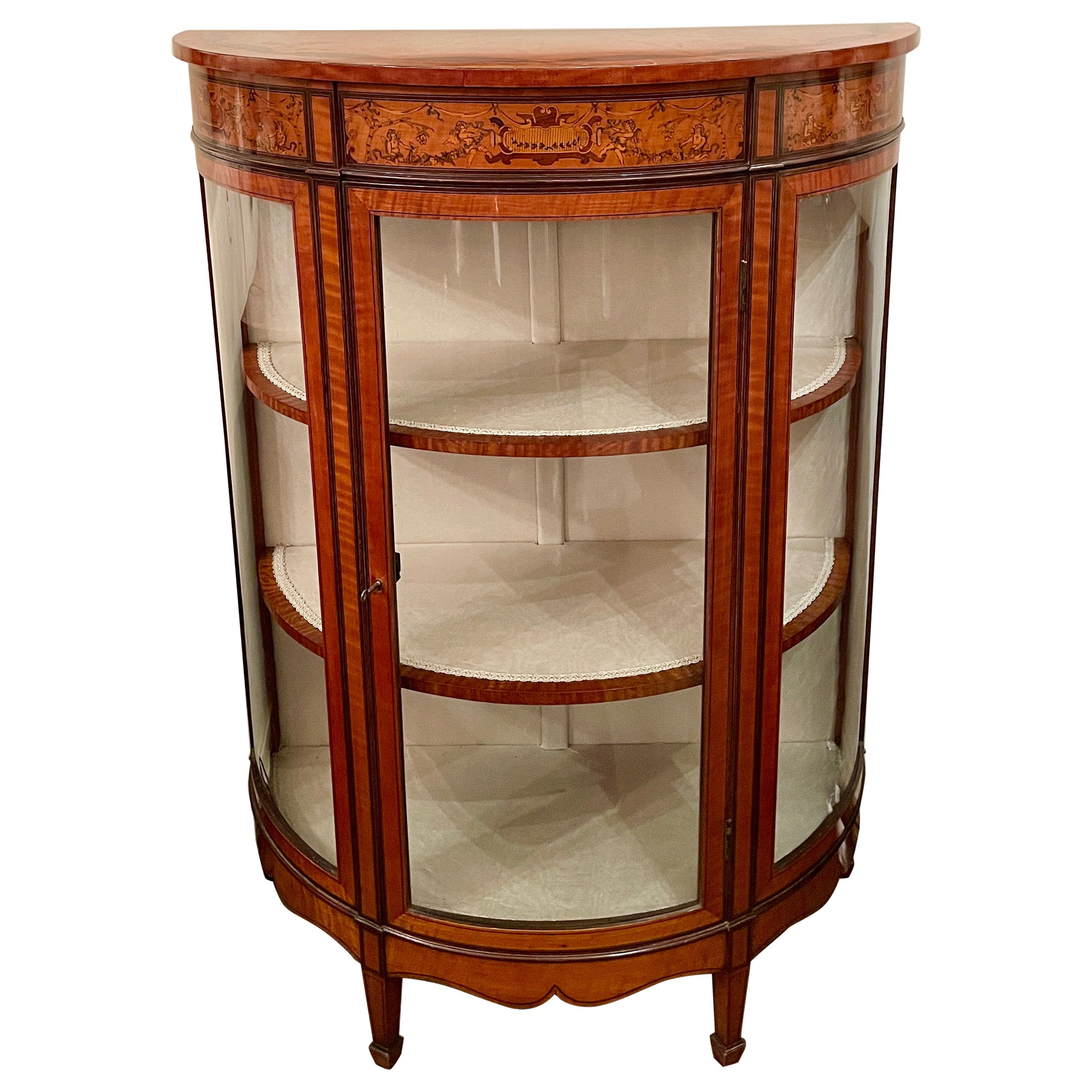 Antique English Sheraton Satinwood Demilune Vitrine, Circa 1890.