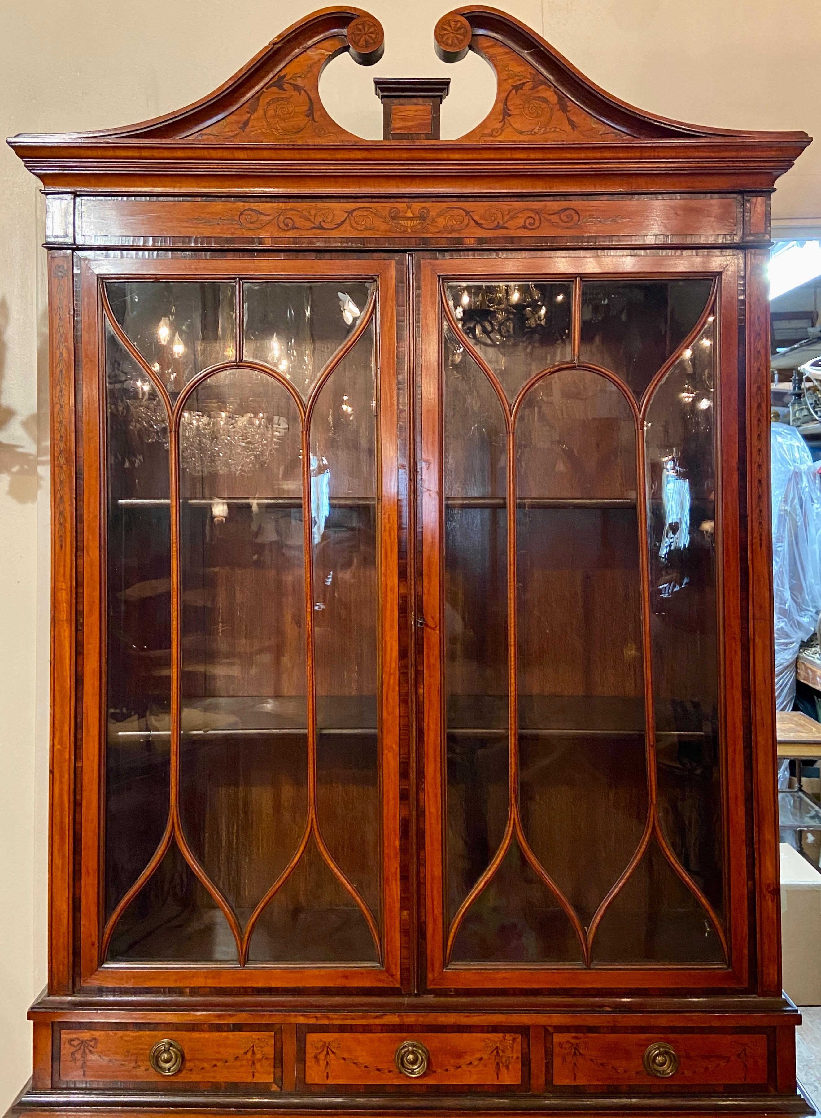 Antique English Sheraton Satinwood Inlaid Secretary with Rosewood Banding, Circa 1880.
This is a very lovely secretary, typical of the period and with fine detail. The warm color of the satinwood and rosewood is pleasing. It has ample storage and